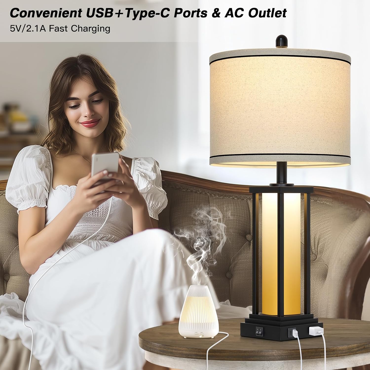 Cinkeda 27" Tall Vintage Table Lamp Set of 2 with USB C+A & Outlet, Farmhouse Nightstand Lamp for Living Room, Rustic Retro Bedside Lamps…