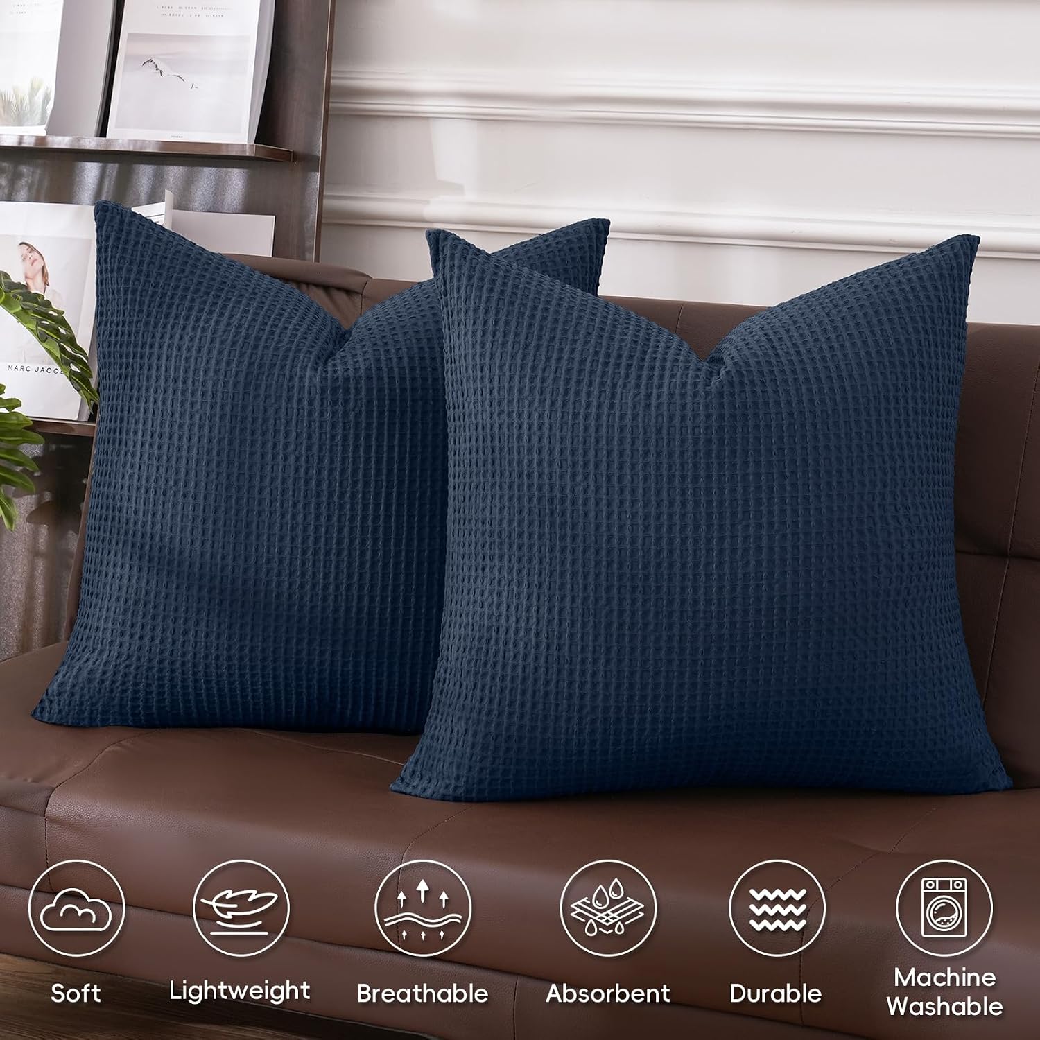 Phf 100% Cotton Waffle Weave Euro Shams 26" x 26", No Filling, 2 Pack Elegant Home Decorative Euro Throw Pillow Covers for Bed Couch Sofa,…
