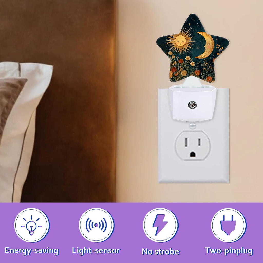 Energy Efficient Nightlights Plug in Wall, Boho Sun Moon Night Light for Kids Bedroom Decorative, Vintage Flowers Dusk-to-Dawn Sensor…