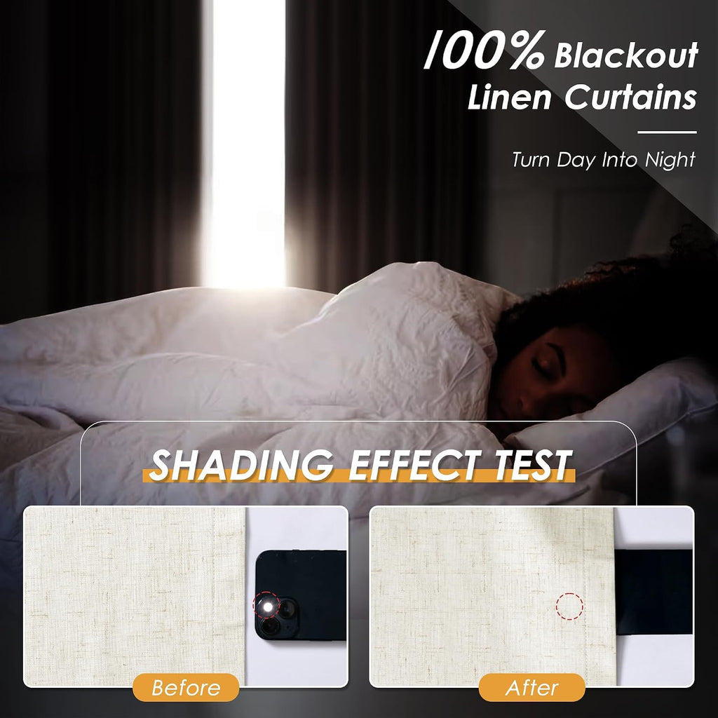 Nanspring Warm Beige 100% Blackout Linen Curtains 84 Inch Length 2 Panels Set for Bedroom Back Tab Modern Farmhouse Decor Black Out Curtain…