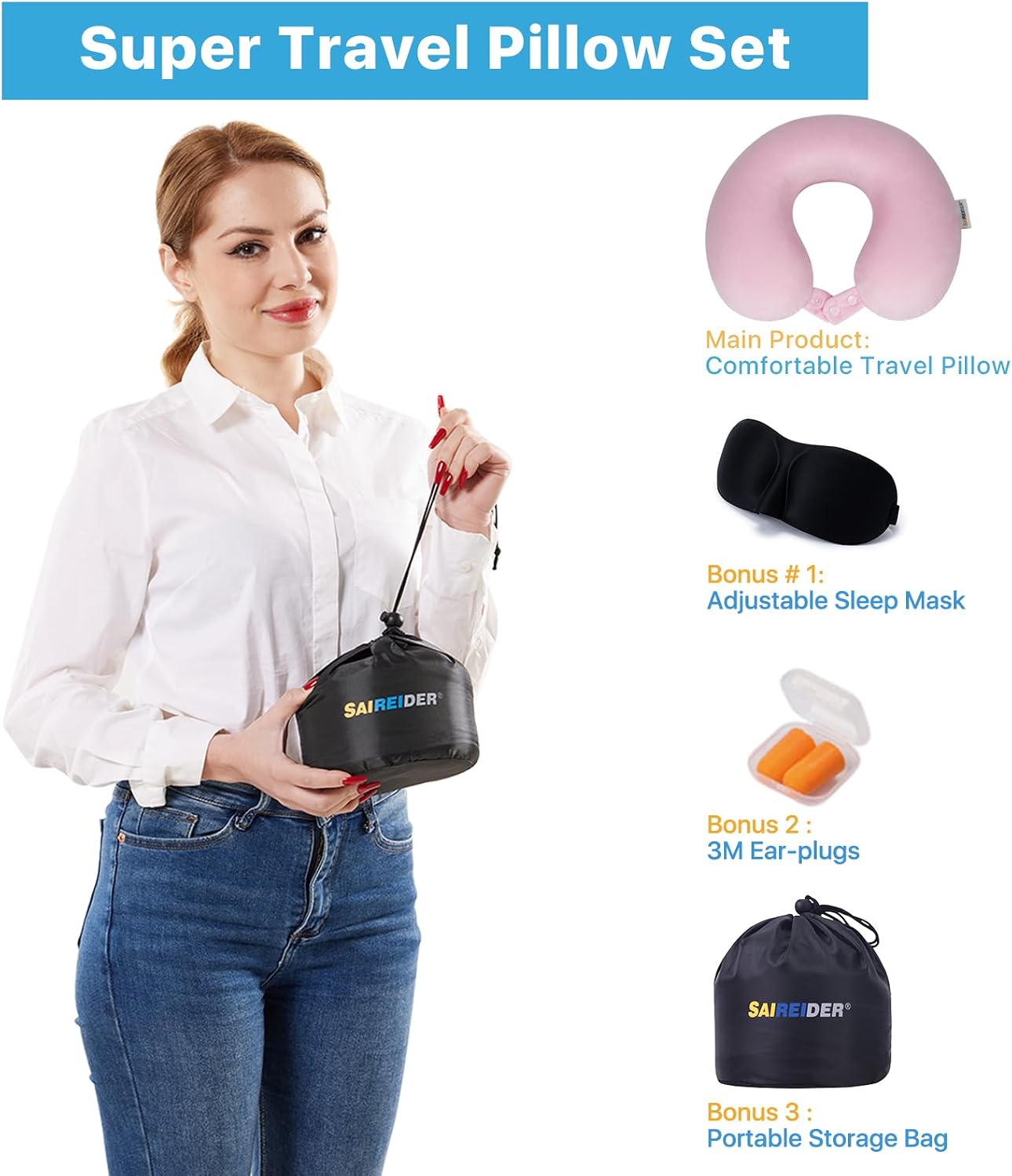 Saireider Travel Neck Pillow 100% Memory Foam, Airplane Rest help reduce Head from Falling Forward, Plane Accessories with Storage Bag…