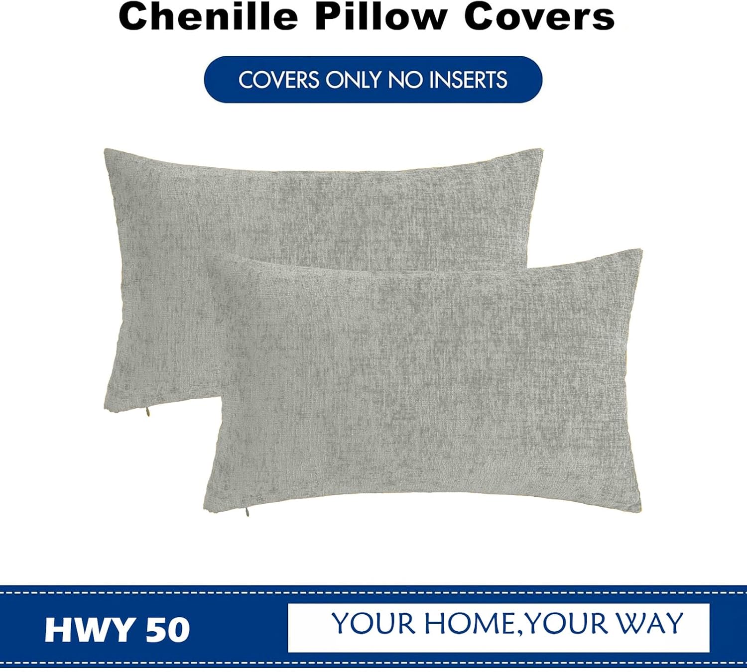 Hwy50 HWY 50 Gray Lumbar Pillow Covers 12x20 Inch Pack of 2, Soft Chenille Decorative Throw Pillow Covers Farmhouse for Couch Sofa Living R…