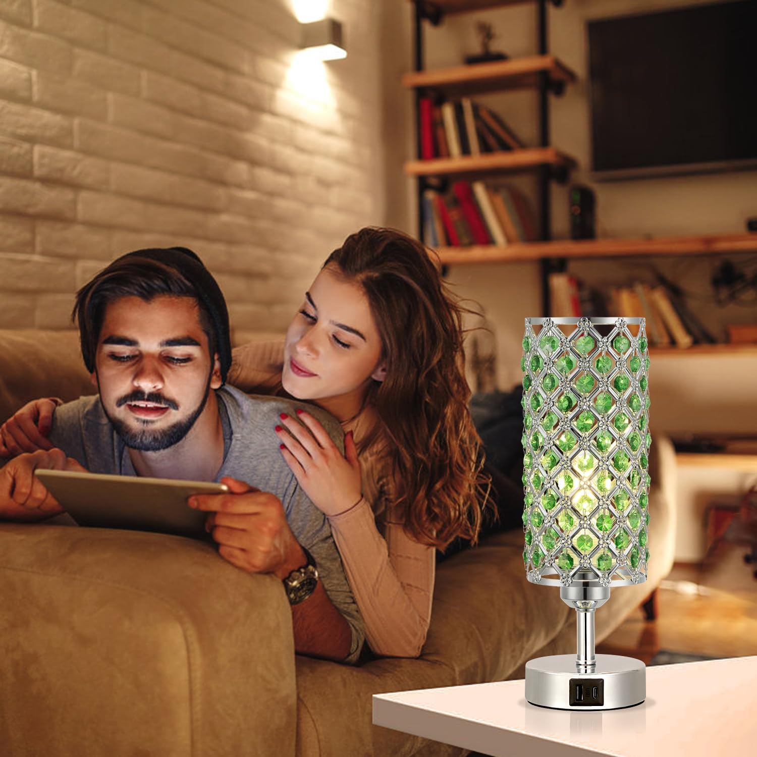 Hong-in Green Crystal Table Lamp - 3-Way Dimmable Touch Control, Bedside Lamp with USB C and A Ports, Nightstand Light for Living Room…
