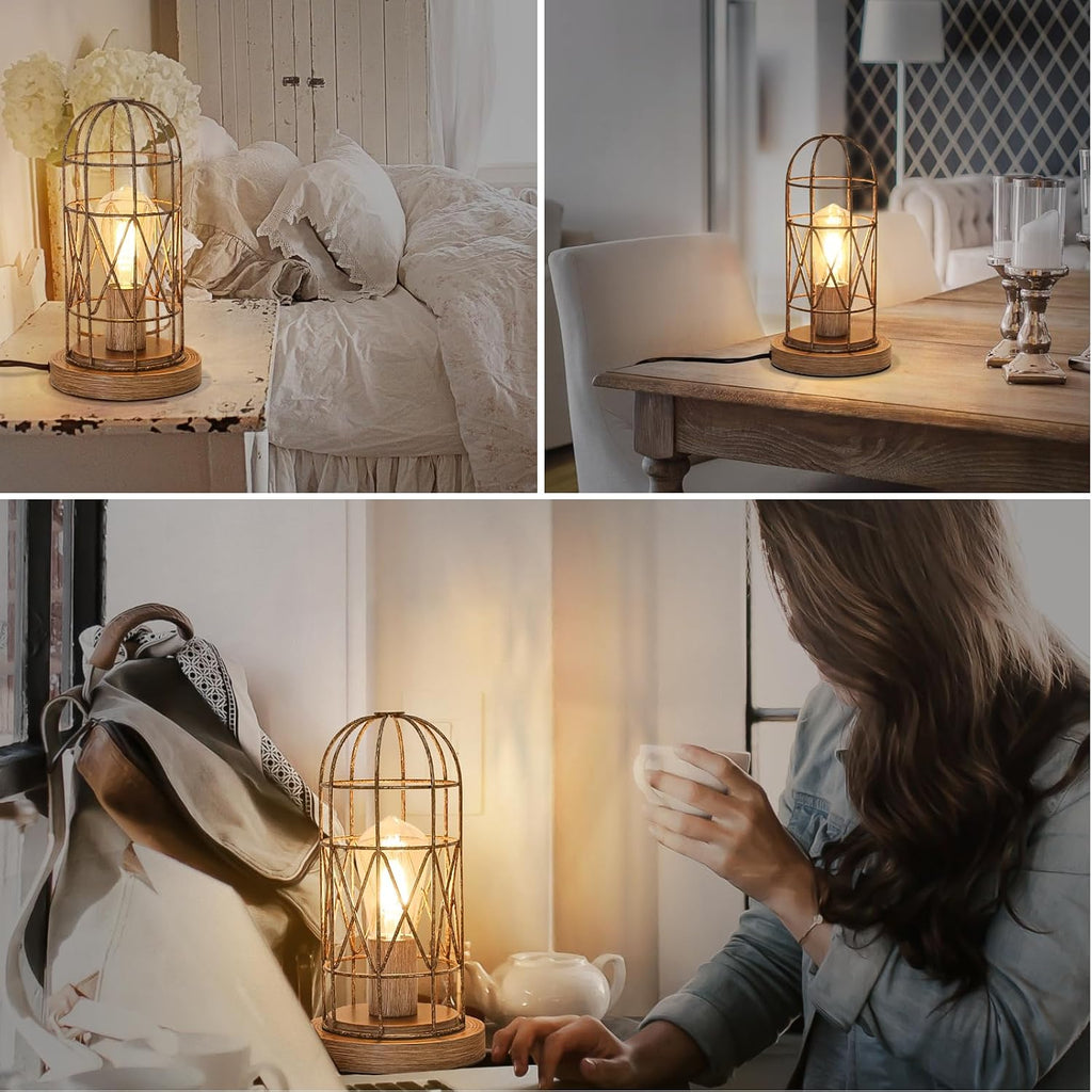 Touch Control Table Lamp for Small Spaces - 3 Way Dimmable Nightstand & Bedside Lamp for Bedroom & Living Room, Rustic Wood Cage Shade…
