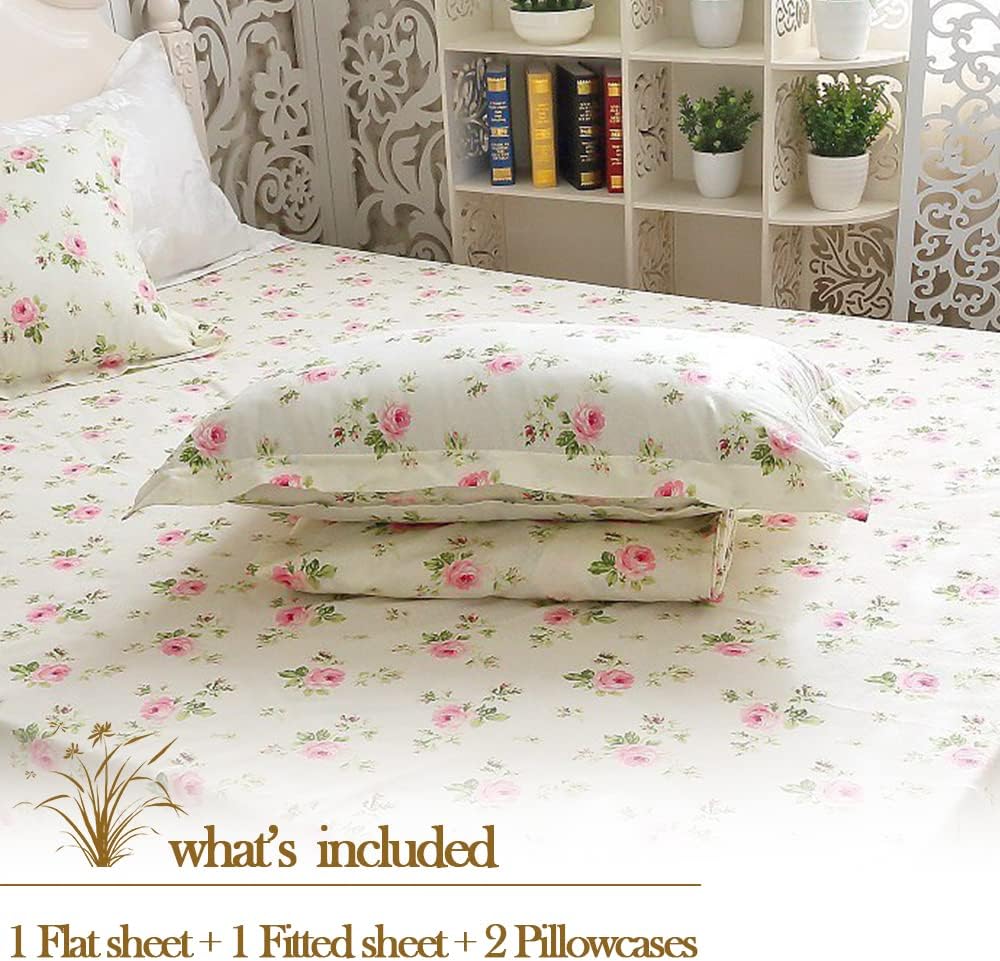 FADFAY Floral Sheets for Queen Size Bed Cotton Pink Rose Bed Shees Shabby & Chic Bedding Light Yellow Rosette Print Breathable Soft…