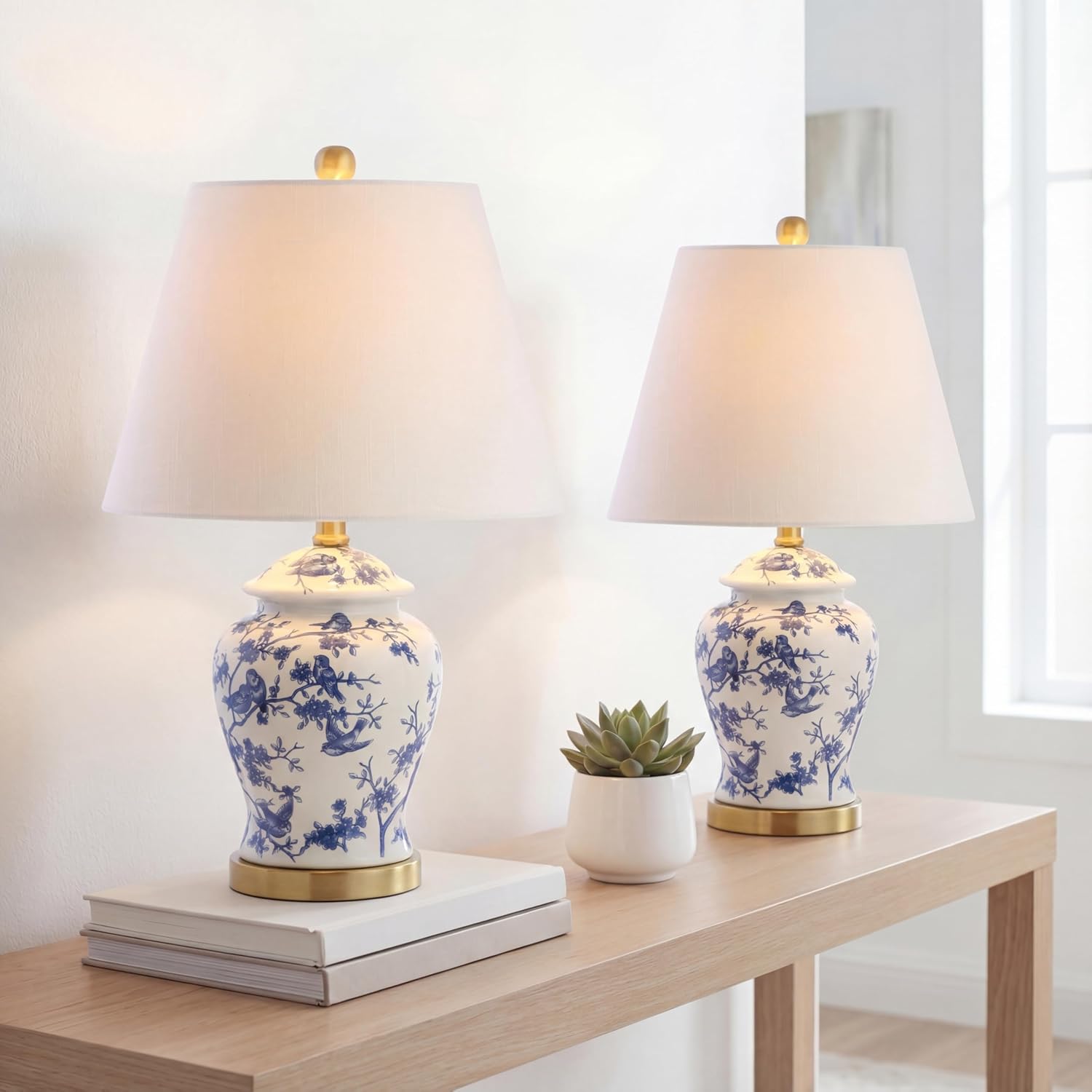 JONATHAN Y 22" Blue/White Ceramic Table Lamp, French Country Chinoiserie Ginger Jar LED Bedside Lamp for Living Room Bedroom, White Linen…
