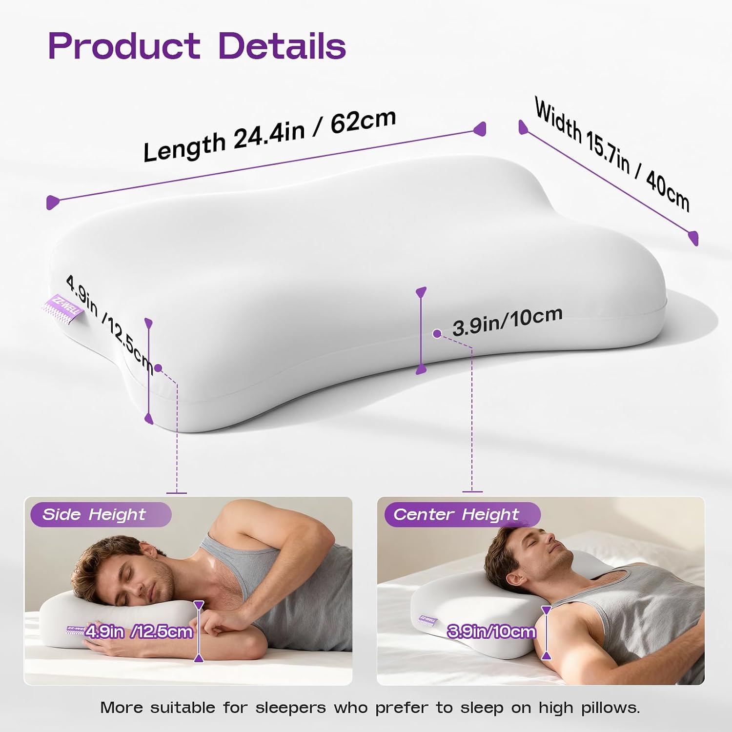 Zz-Well Side Sleeper Pillow - Patented Cervical Neck Pillow for Sleeping with Cooling Cover - High Loft Heavy Density Memory Foam Pillows f…
