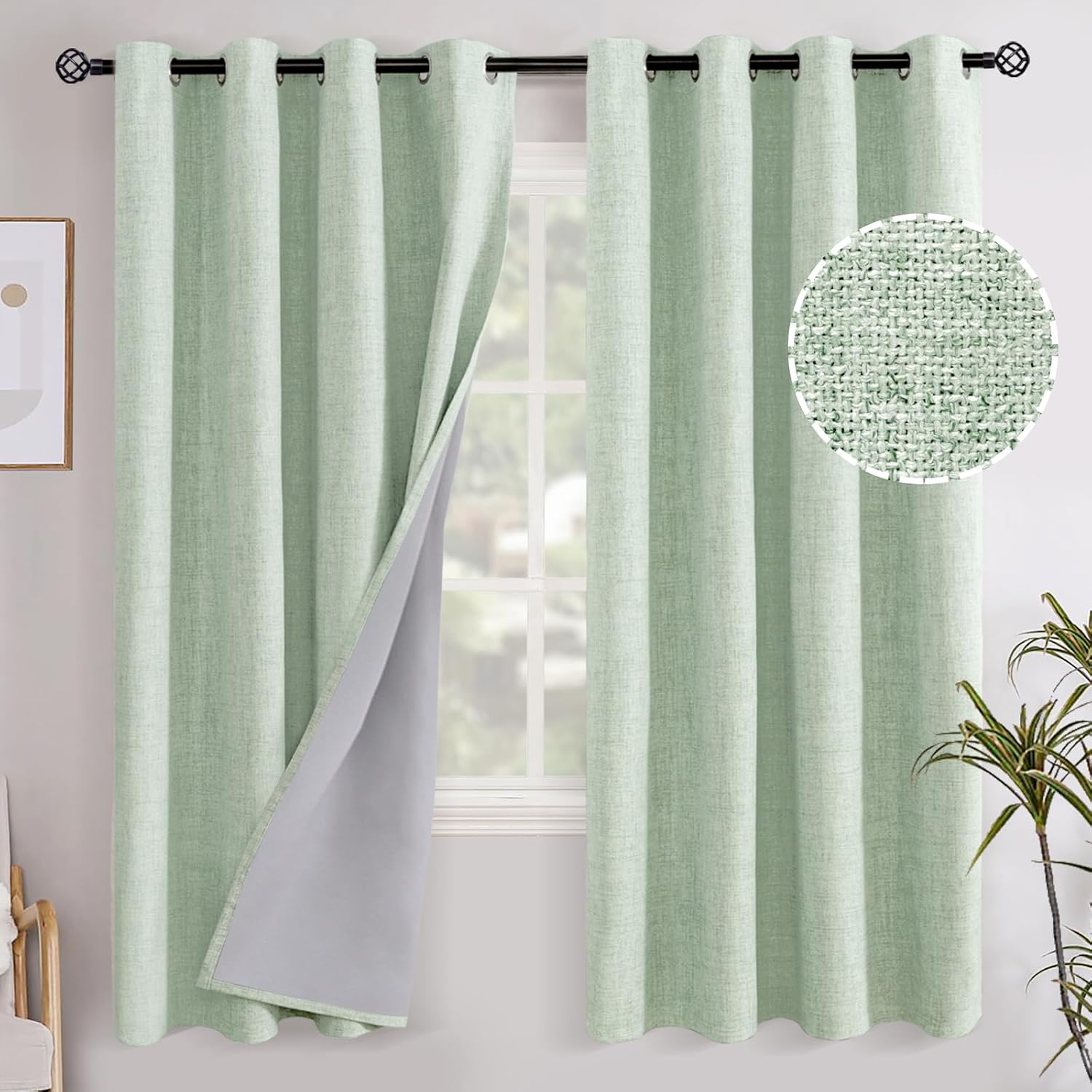 YoungsTex Sage Green Linen Blackout Curtains 72 Inch Length for Living Room, Full Room Darkening Drapes Thermal Insulated with Grommet Spri…