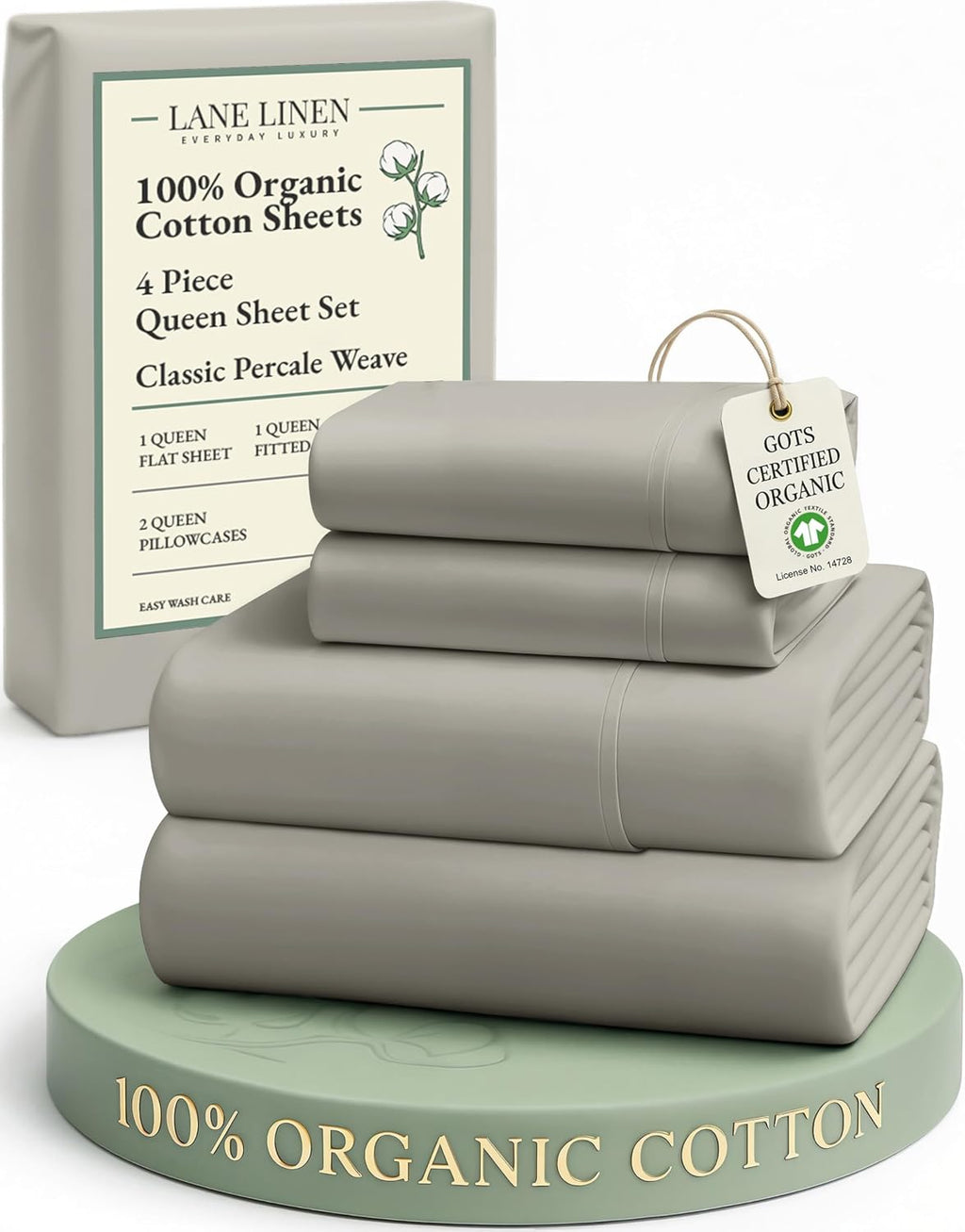 LaneLinen LANE LINEN 100% Organic Cotton Mercerized Queen Sheets, Soft & Comfy Naturally Cooling Cotton Sheets Queen Size Set, Classic Perc…