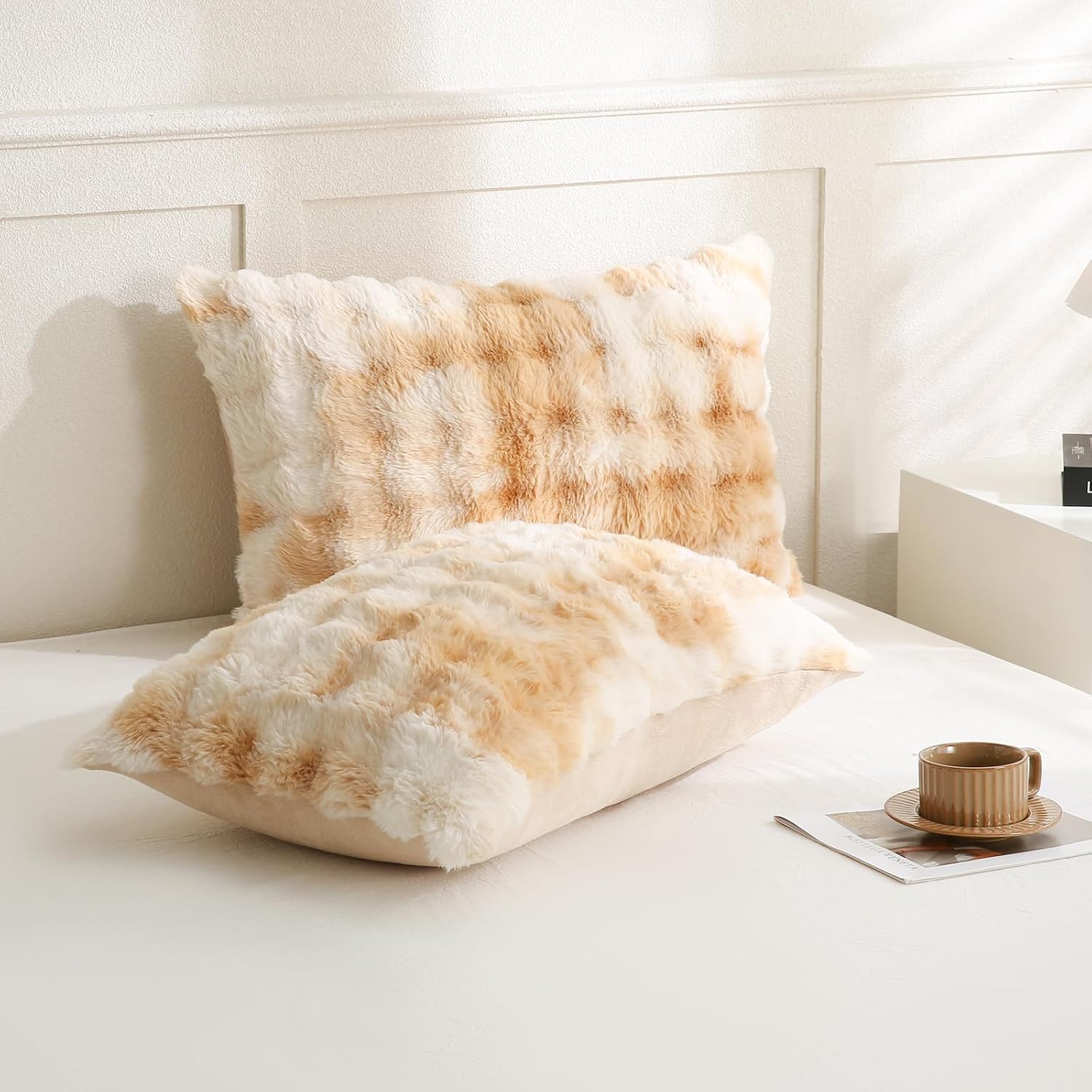Chumerry Beige Fuzzy Pillow Case Faux Fur Pillow Cover Chic Plaid Check Texture Extra Soft Fluffy Plush Shaggy Fabric Tie Dye Decorative Pi…