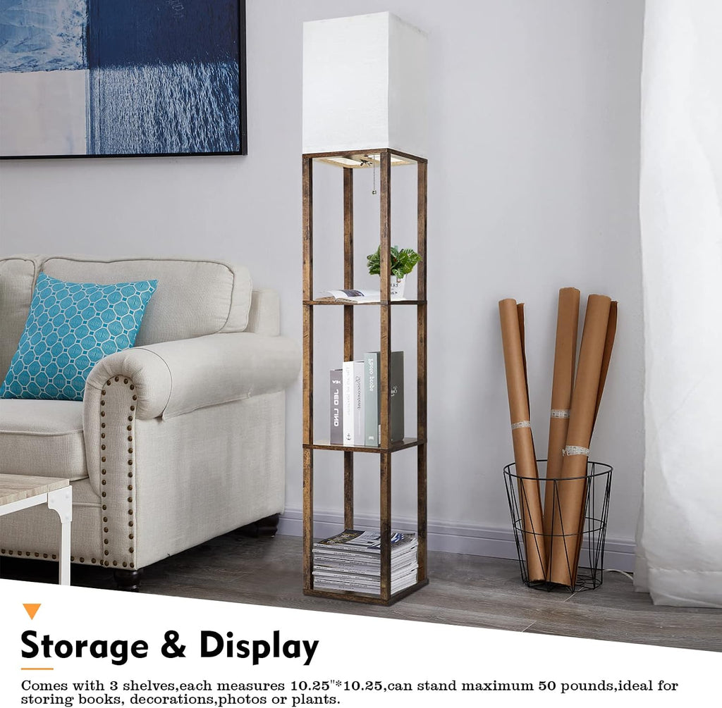 RUNTOP Floor Lamp with Shelves, Modern Shelf Lamp for Display Storage, 3 Color Temperature Wood Narrow Standing Corner Lamp with 8W Bulb…