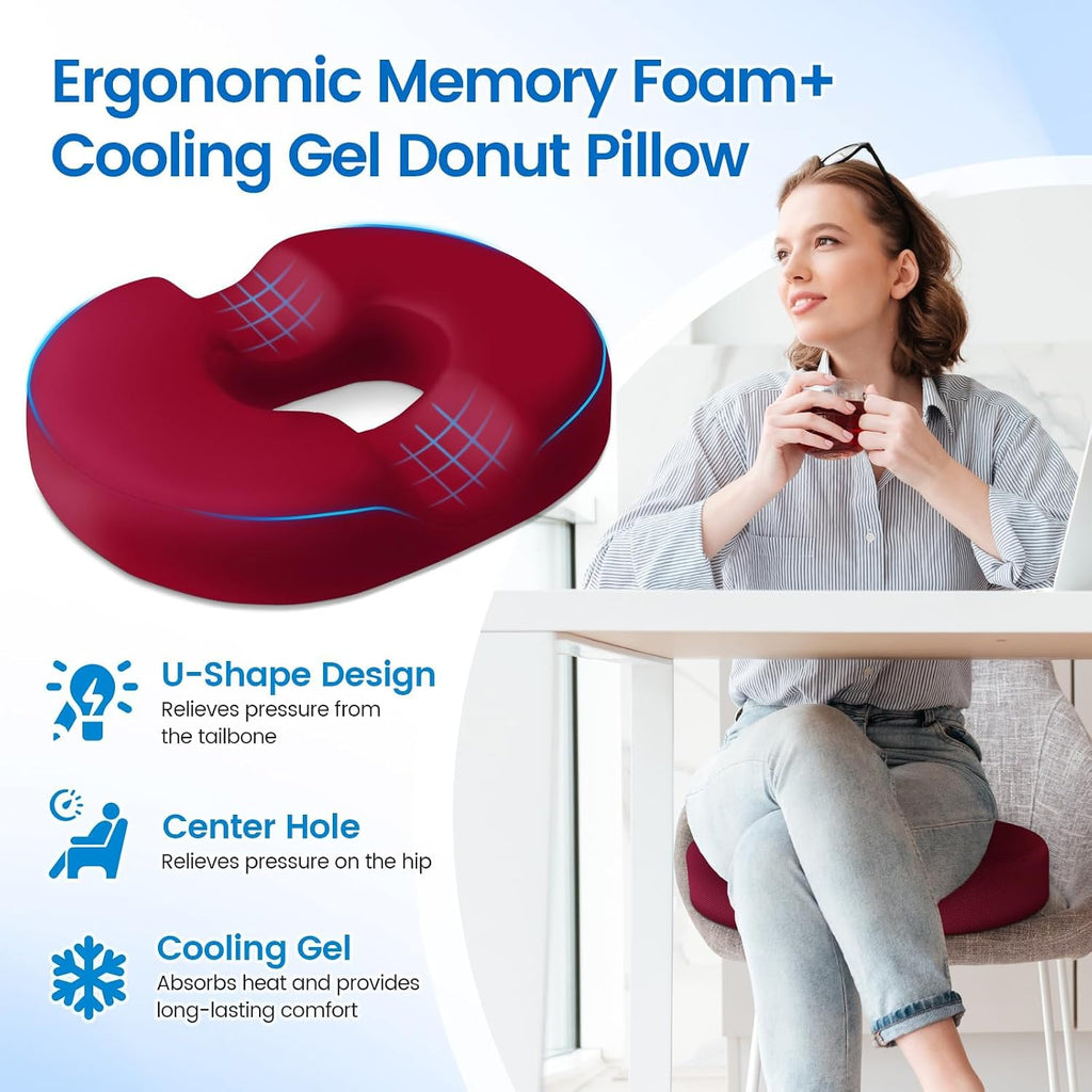 CushZone Donut Pillow Seat Cushion - Cooling Gel Donut Chair Cushions, Memory Foam Seat Cushion for Office & Home, Car Seat Cushion and But…