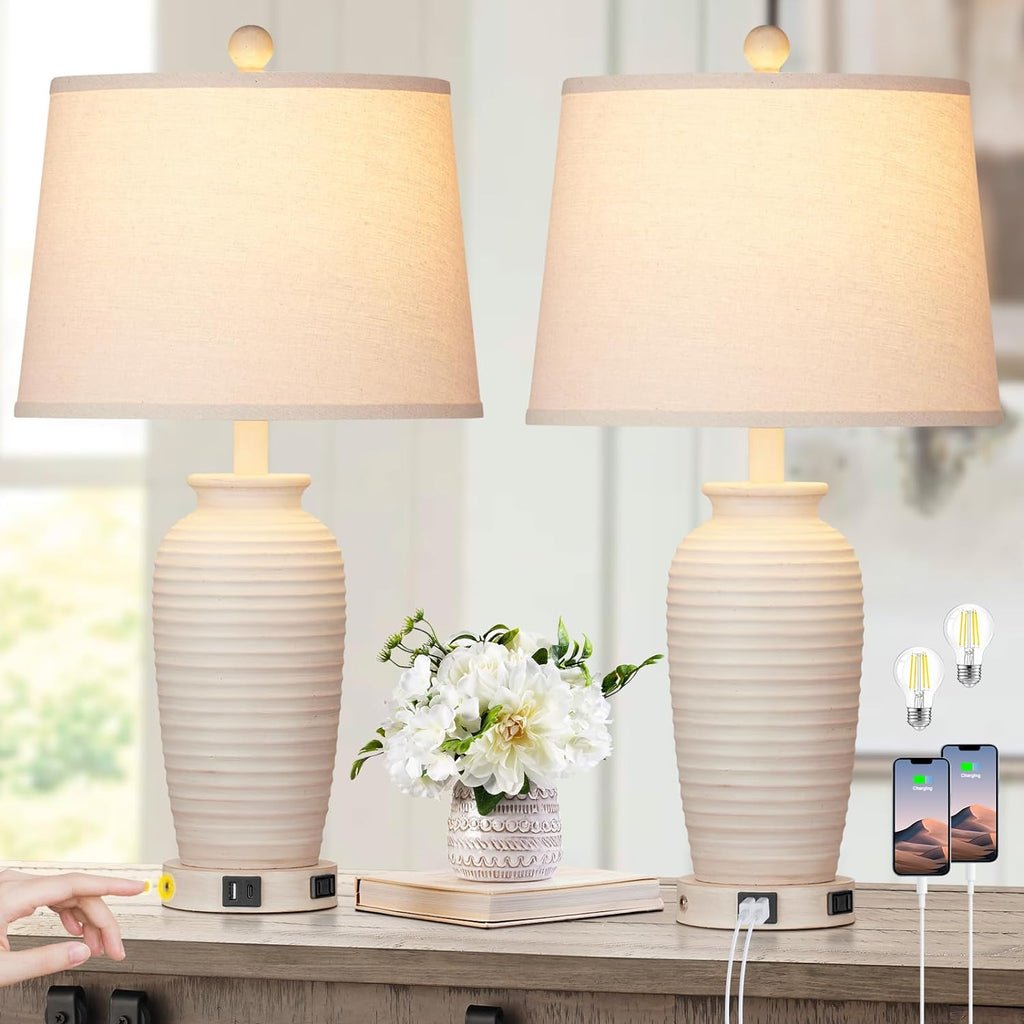 CINSARY 24.3" Farmhouse Jar Table Lamps Set of 2, 3 Way Touch Control Rustic Bedside Lamps with USB A+C Ports & AC Outlet, Pot Nightstand…