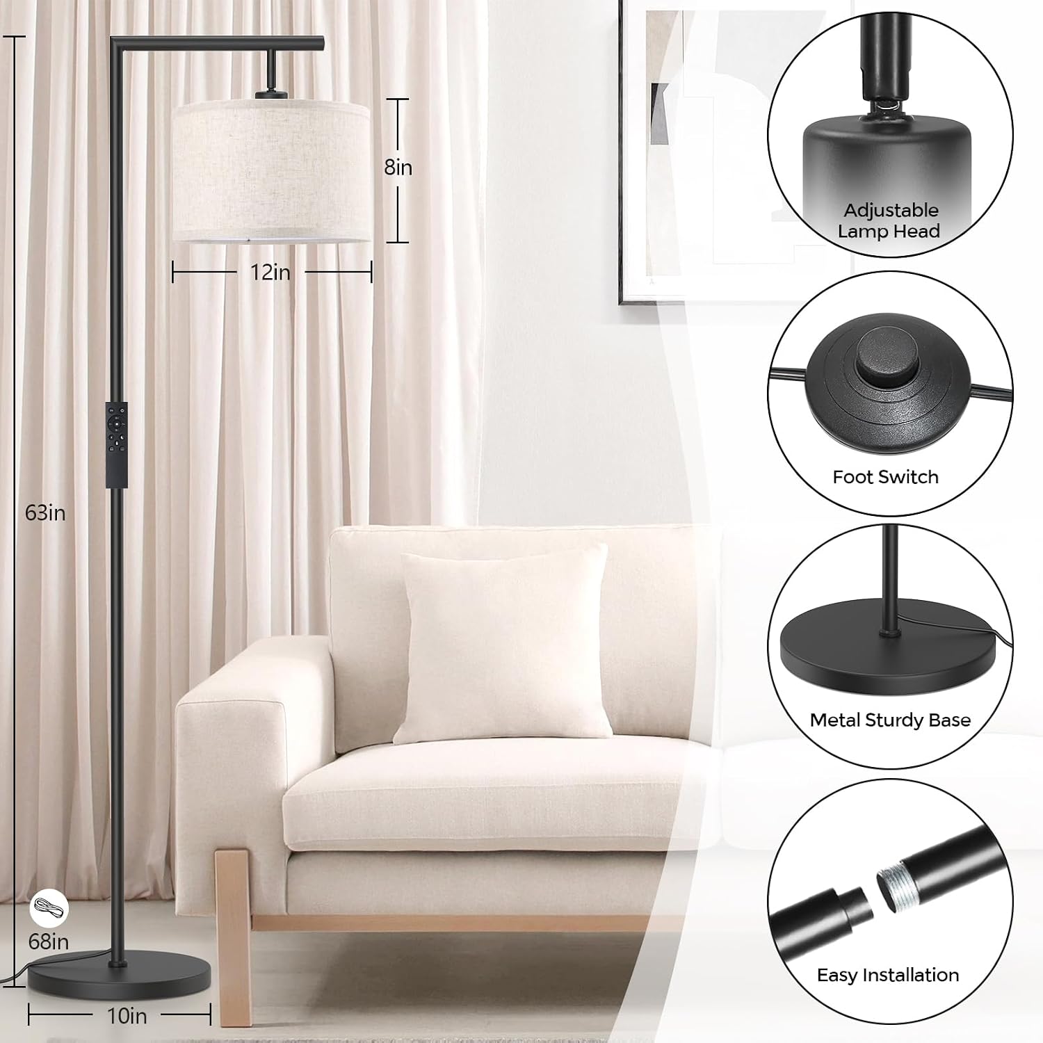 Floor Lamps with Remote Control and Stepless Dimmable Color Temperature and Brightness Standing Lamp with Adjustable Beige Linen…