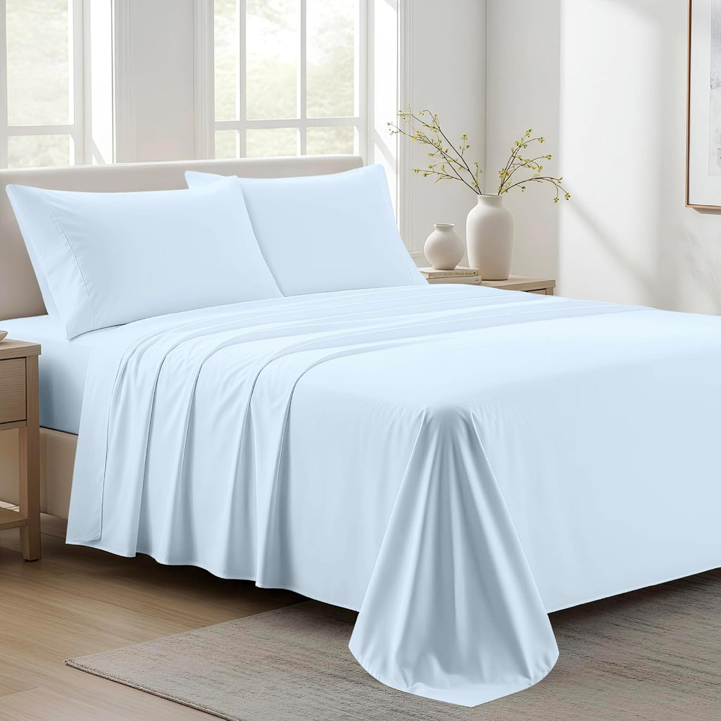 AshtonSheets 100% Organic Cotton Sheets King Size - Organic Cotton King Size Percale Weave Sheet Set (4 PC, Light Blue), Soft, Cooling, Cri…