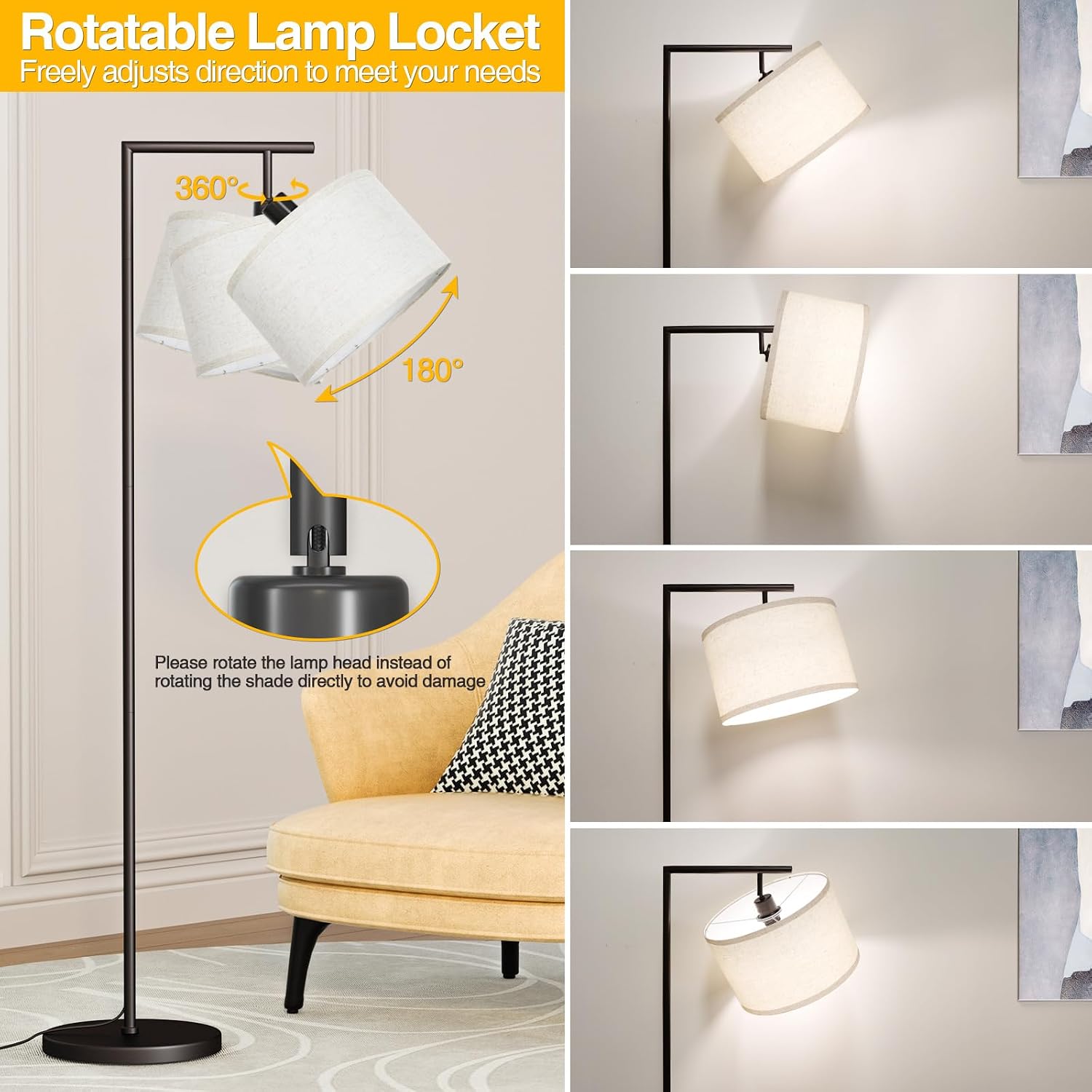 Floor Lamp for Living Room with 3 Color Temperatures Standing Lamp with Adjustable Beige Linen Lampshade Tall Lamps for Bedroom Office…