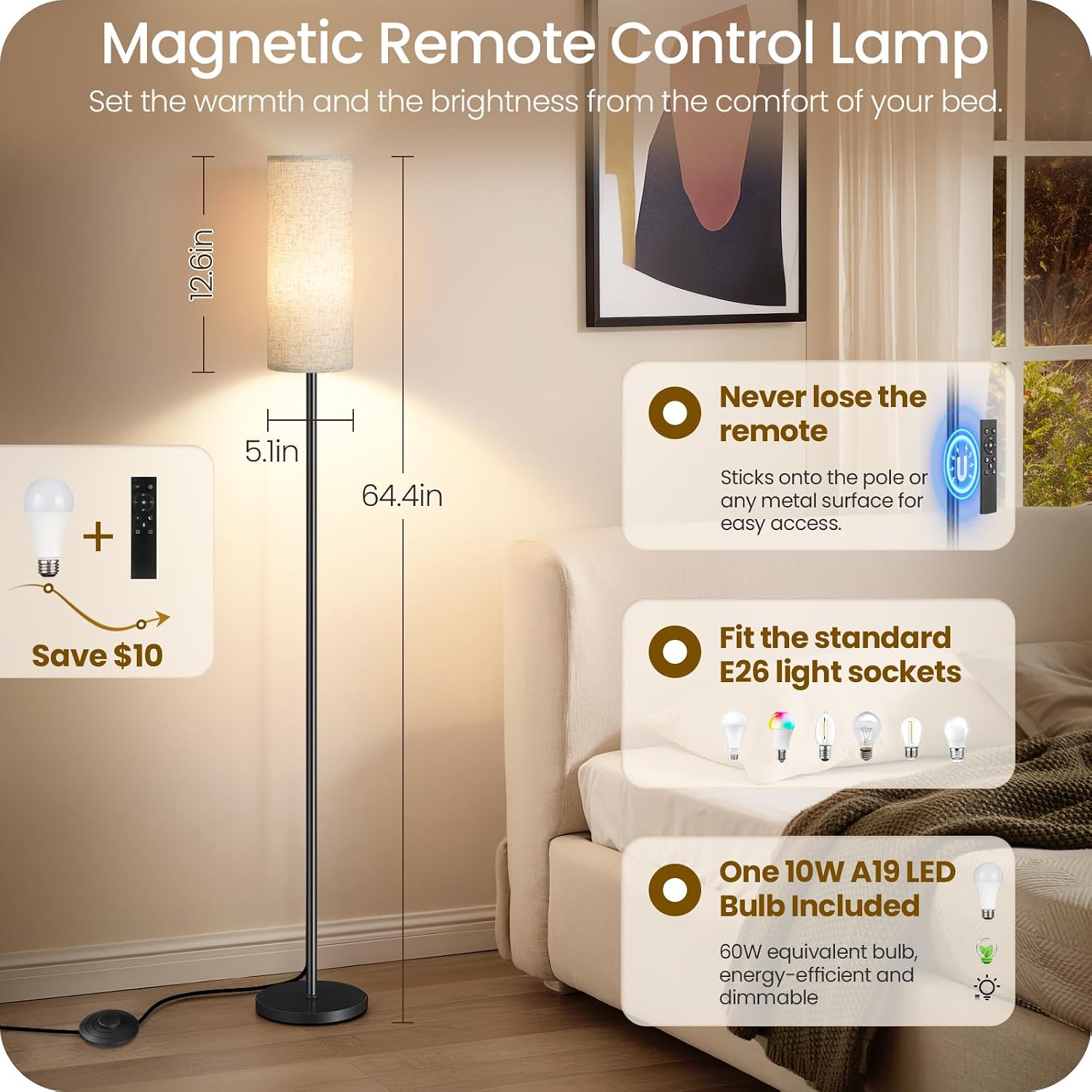 Set of 2 Dimmable Floor Lamps for Living Room with 2 Remotes and Foot Switch, 64.4”Modern Standing Tall Lamp, Corner Lamp for Bedroom…