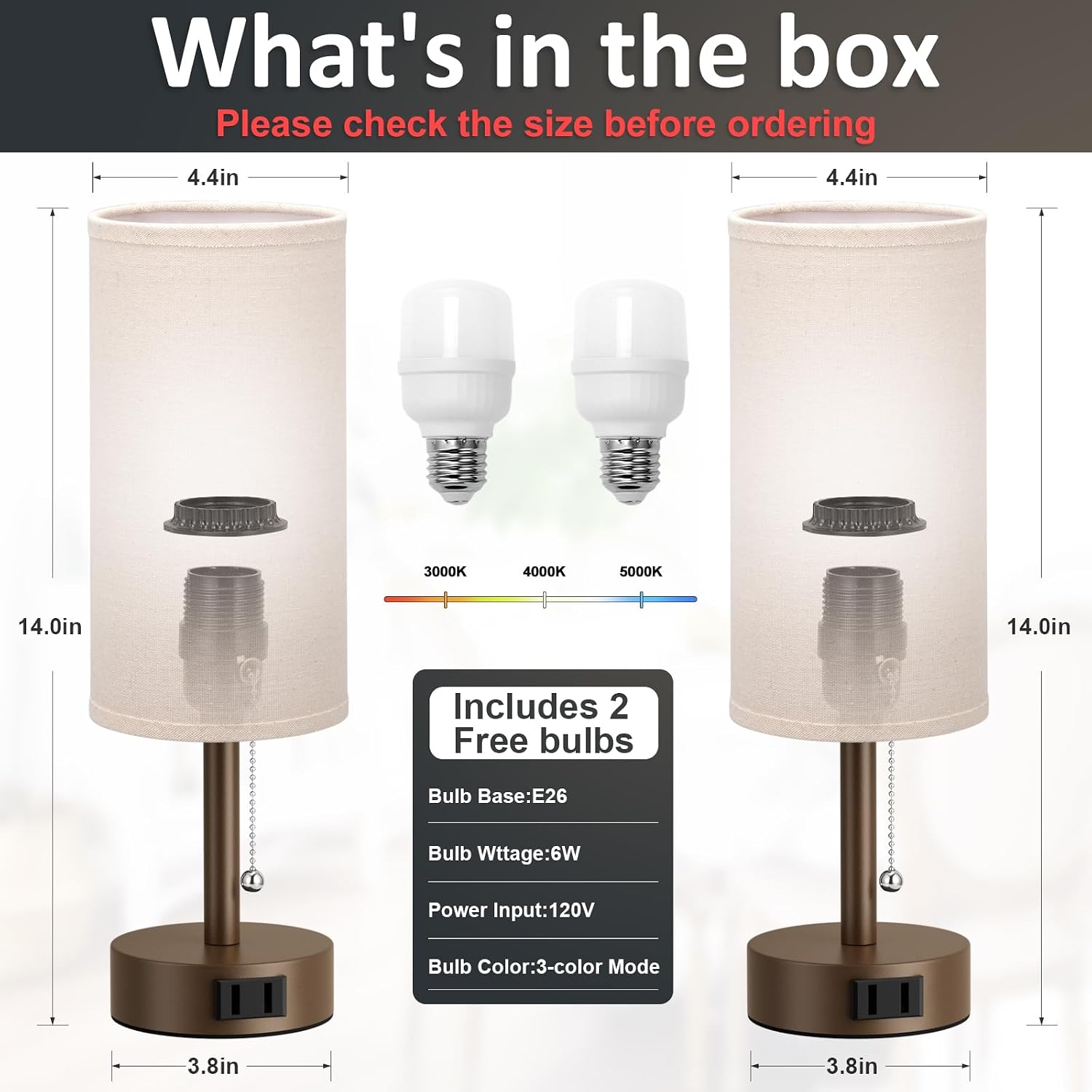 Fenmzee Brown Bedside Table Lamps Set of 2-3 Color Temperatures Pull Chain Lamp with AC Outlet Charging Port, Small Round Night Stand…