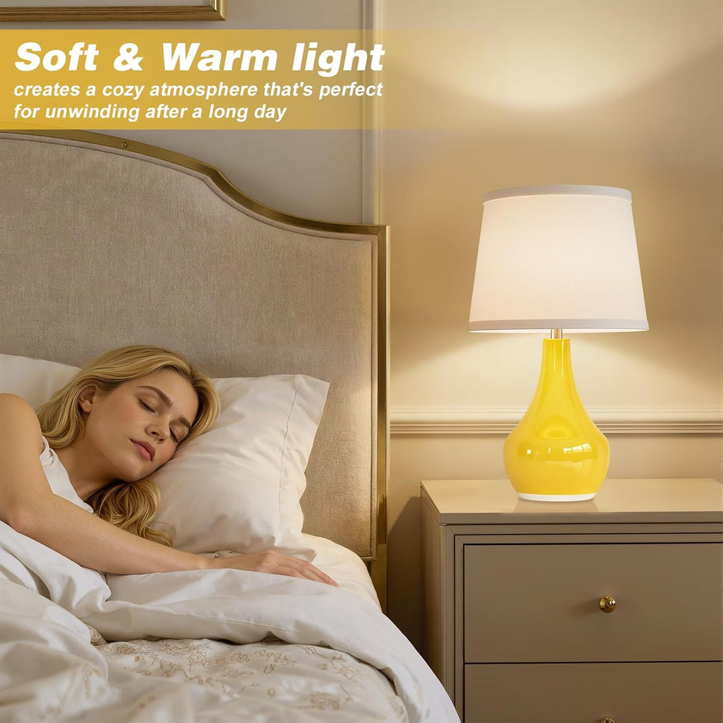 Seealle Modern Ceramic Table Lamps for Night Stands - Bedside Lamps Set of 2 for Nightstand, Yellow Bedroom Lamp for Living Room Cute Desk…