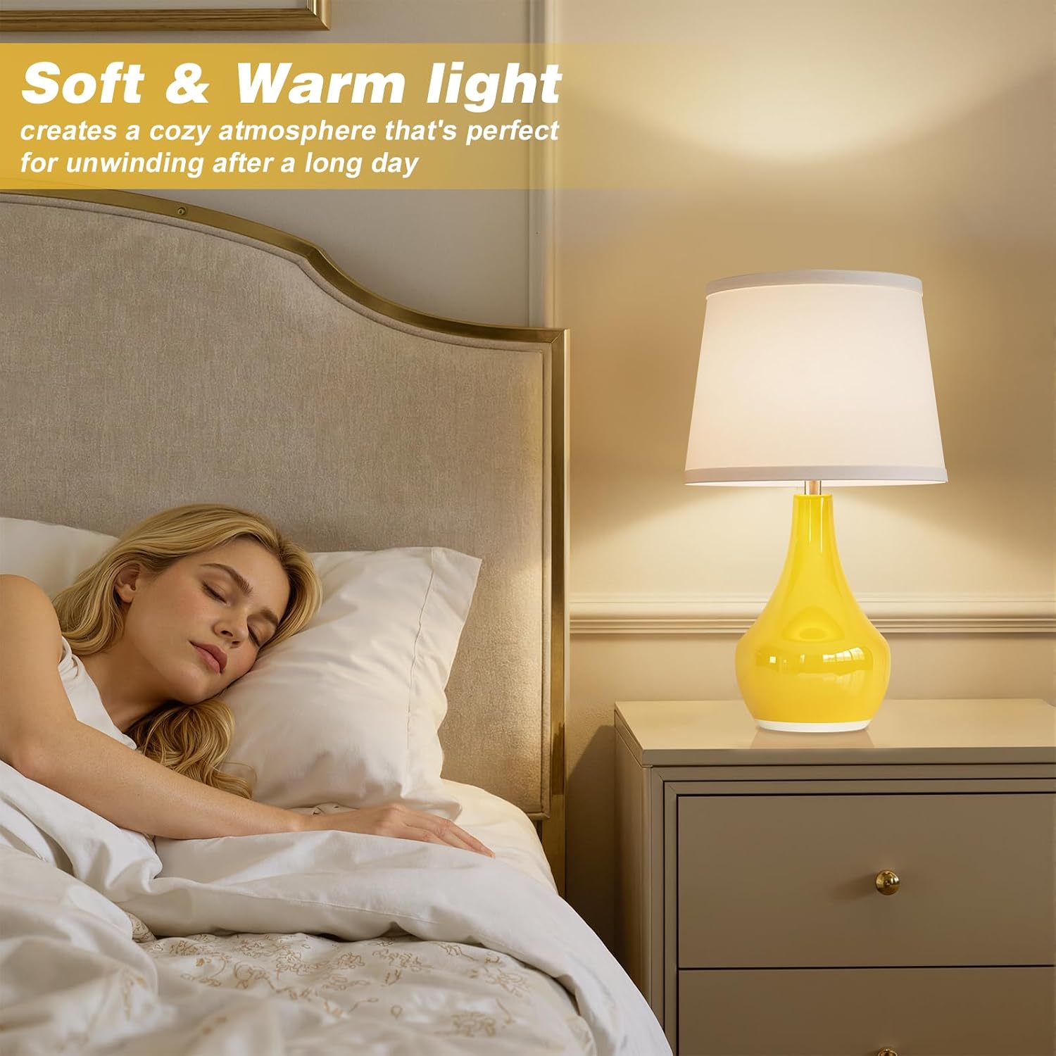 Seealle Modern Ceramic Table Lamps for Night Stands - Bedside Lamps Set of 2 for Nightstand, Yellow Bedroom Lamp for Living Room Cute Desk…