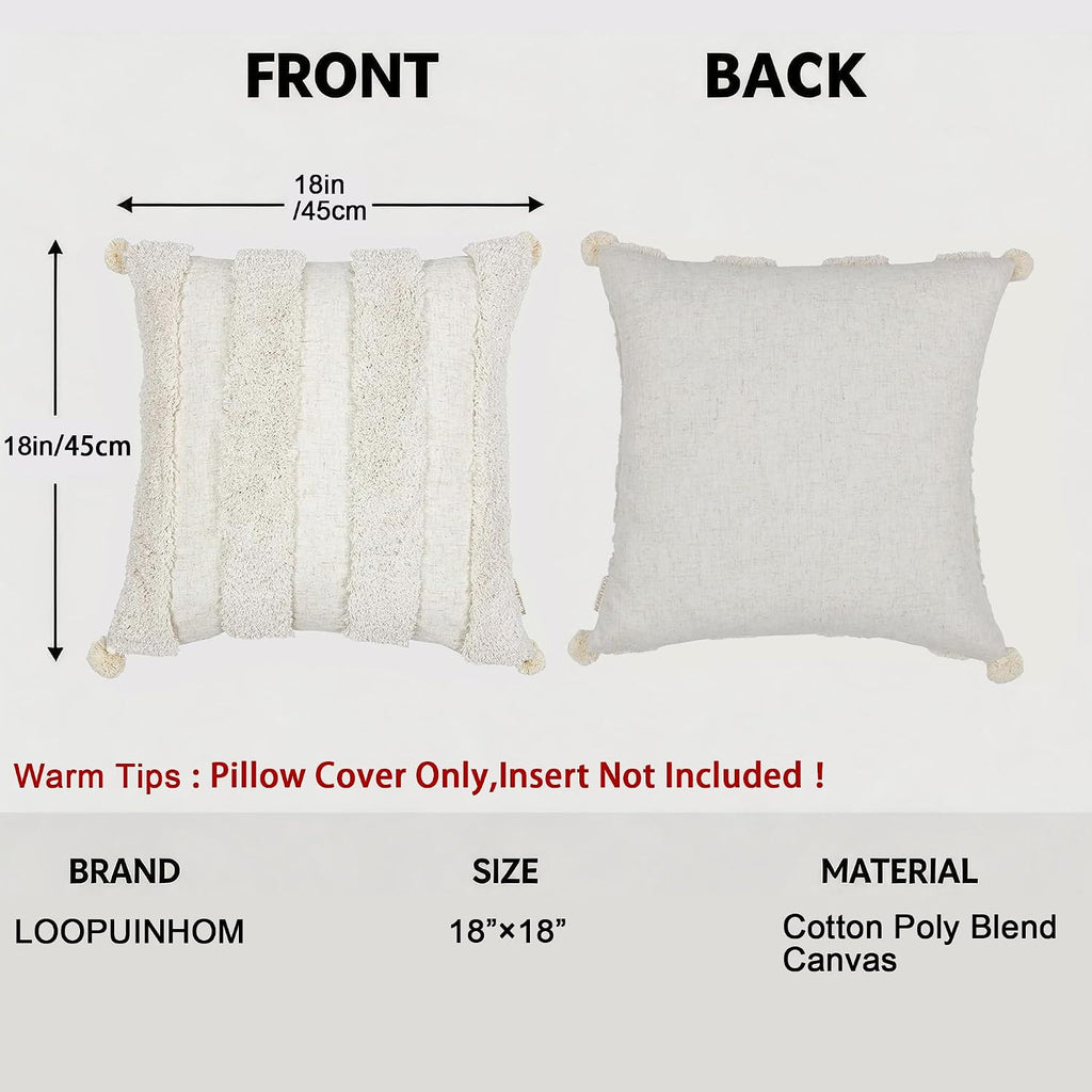 Loopuinhom Boho Pillow Covers 18X18 Inch Boho Tufted Linen Throw Pillow Covers Decorative Pompoms Cushion Cover Farmhouse Pillow Case for C…