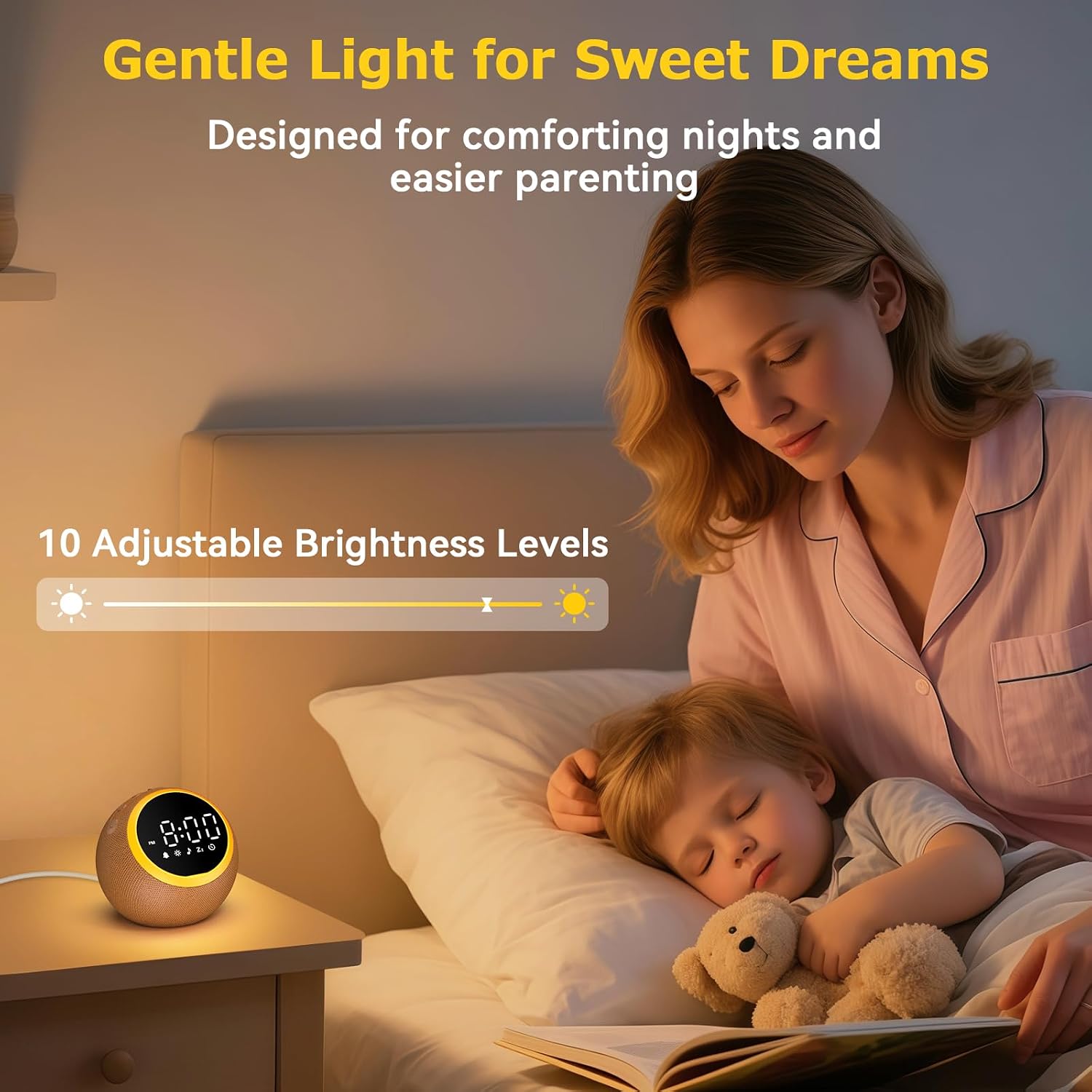 Alarm Clocks with Soft Sounds Machine: 30 Soothing Sounds, 10 Soft Wake-Up Sounds, 32 Adjustable Volume & Timer, Memory Function (Brown)