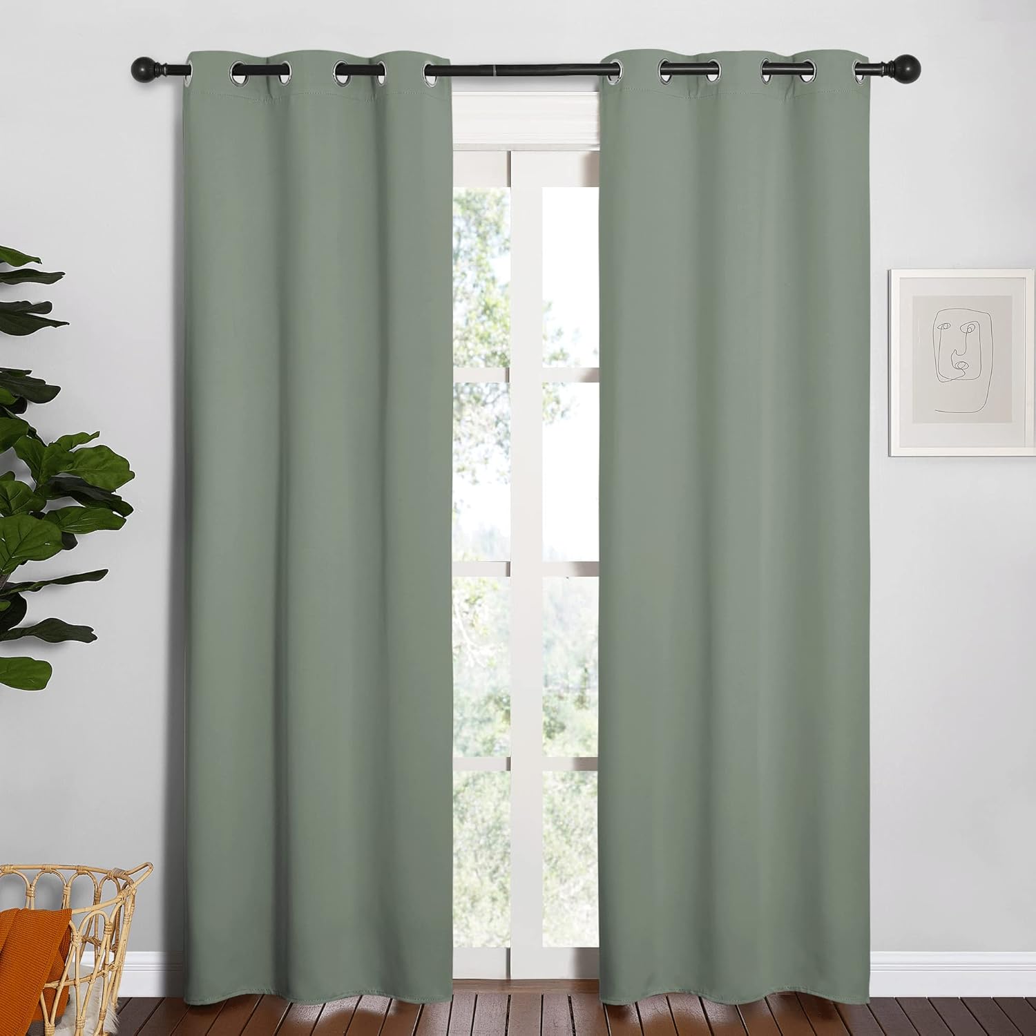NICETOWN Window Curtain Panels, Thermal Insulated Solid Grommet Blackout Draperies/Drapes for Basement (Greyish Green, 1 Pair, 34 by…