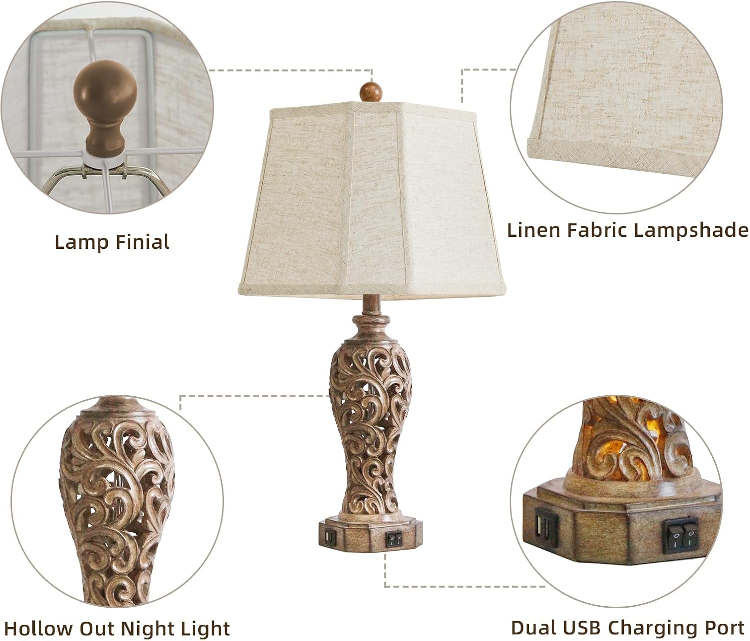 Set of 2 Rustic Table Lamps for Living Room Bedroom, 2 USB Ports 25'' Vintage Farmhouse Desk Lamp with Nightlight, Brown Hollow Out Resin…