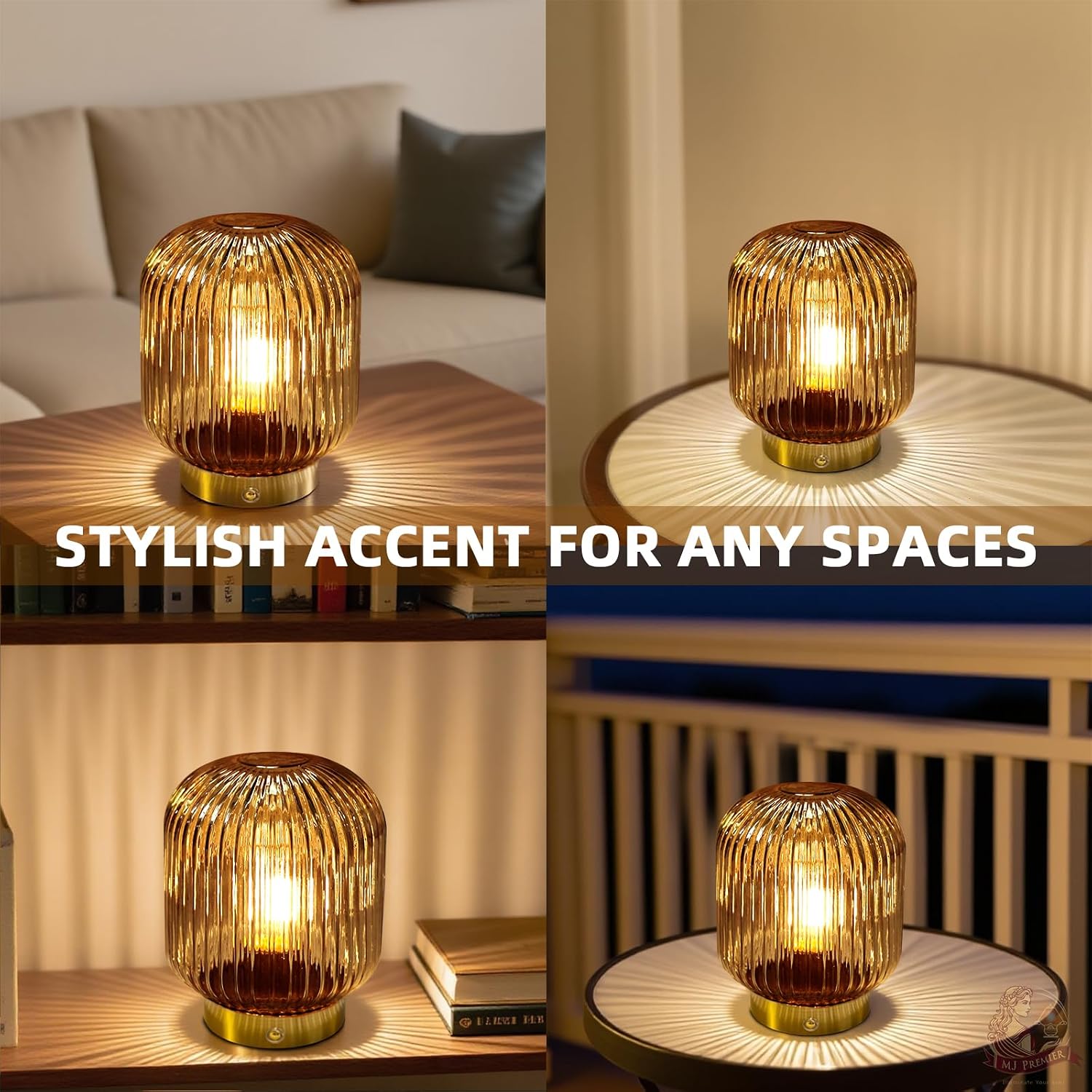 MJ PREMIER Rechargeable Table Lamp, Yellow Glass Lamp with Memory Function, Small Cordless LED Lamp with Dimmable Brightness, Decorative…