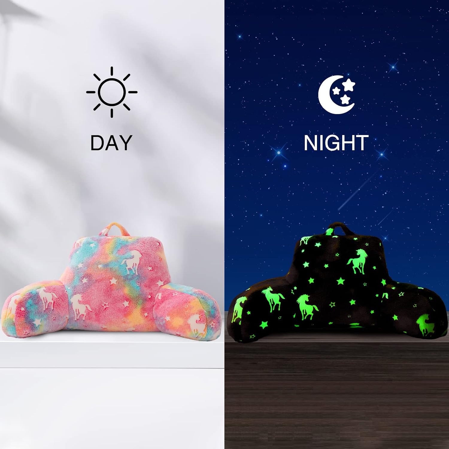 Aimuan Reading Pillow Glow in The Dark Bed Rest Wedge Kids Glow Backrest Pillow Unicorn Print with Arms Back Support for Sitting Up in…