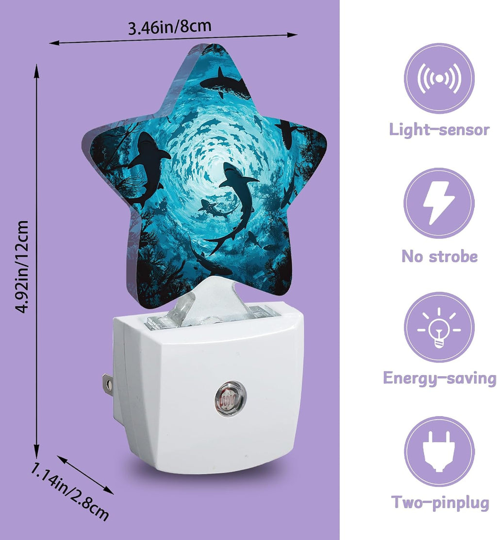 Sharks Swimming Decorative Nightlight Plug in Wall, Deep Blue Sea Star Shaped Night Light with Built in Sensor for Home Decor, Kitchen…