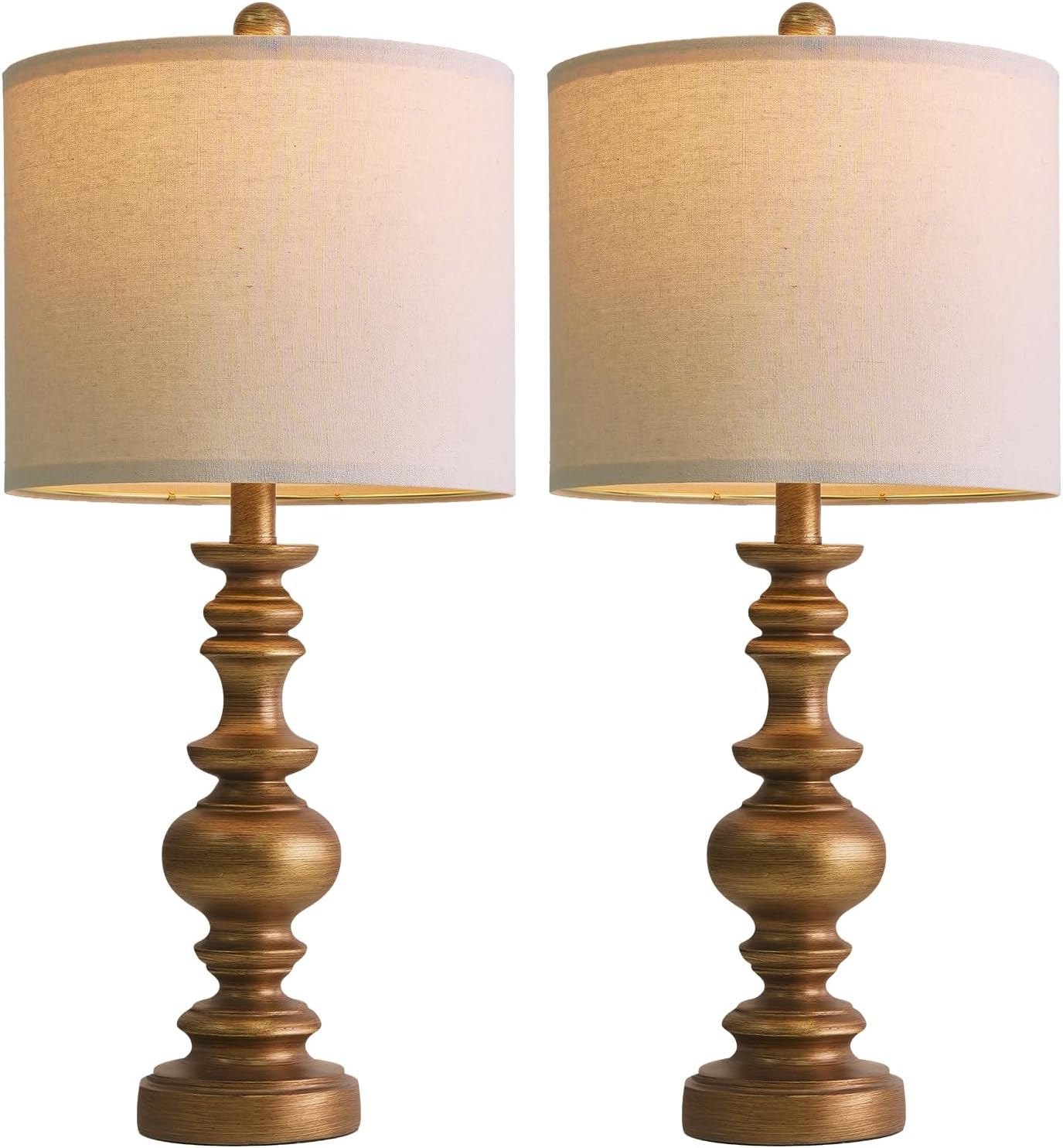 BOBOMOMO 24" Traditional Lamps Set of 2 – Antique Gold Bedside Lamps with Linen Shades, Elegant Medium Farmhouse Lamps for Living Room…