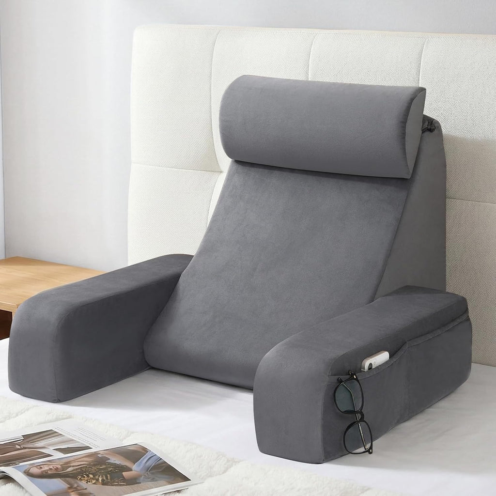 ENITYA 19" Back Support Pillow, Reading Pillow with Attached Arms & Large Pockets, Removable Washable Cover, Wedge for…