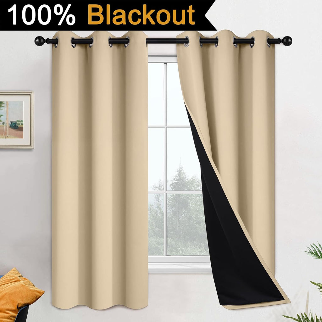 Yakamok Beige 100% Blackout Curtains, Thermal Insulated Total Blackout Drapes for Bedroom, Heat Blocking Window Curtains for Living Room(42…