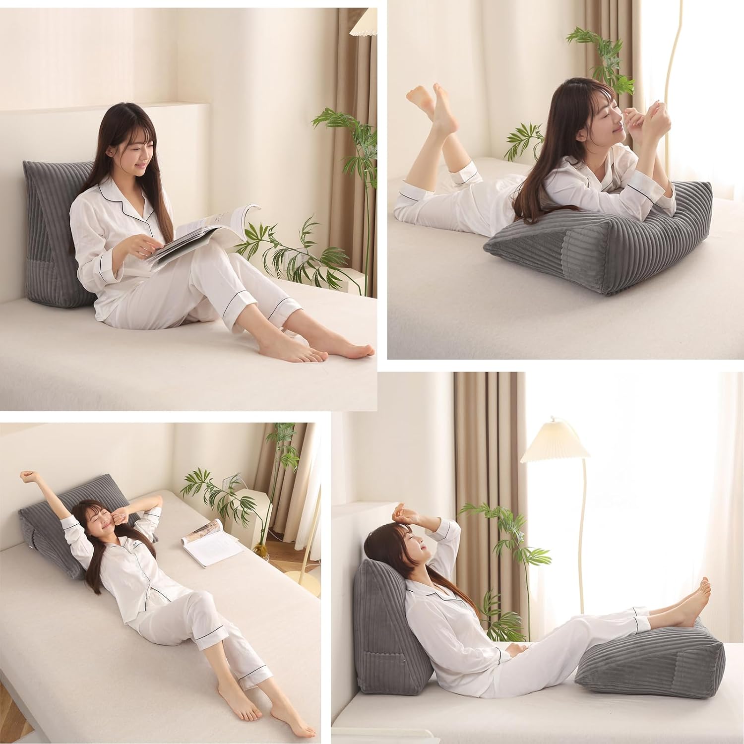 Corduroy Wedge Reading Pillow for Bed, 3 Sizes, 4 Colors for Bed, Sofa, Office Chair (Grey, Large 24 * 20 * 8in)