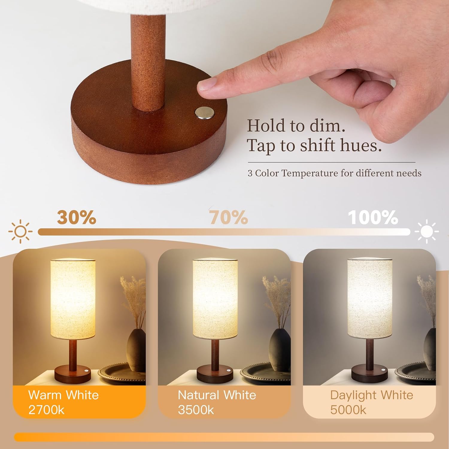 LALISU Cordless Table Lamp, 3 Color Dimming Portable Battery Lamp, Touch Control Wood Base Small Bedside Lamps for Night Stands, Living…