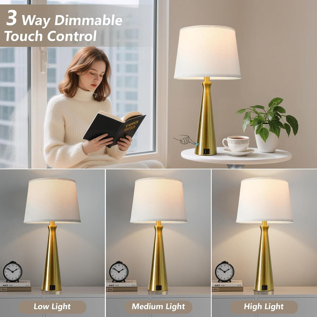 Seealle Modern Table Lamps Set of 2 - Touch Bedside Lamps for Nightstand with Dual USB C+A,3-Way Dimmable Gold Nightstand Lamps for…