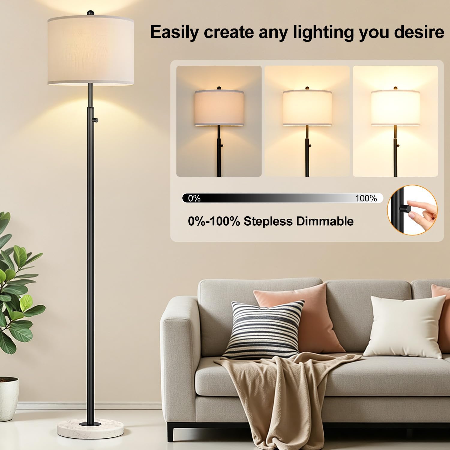 Nintiue Dimmable Floor Lamp for Living Room, 11W LED Bulb Included, Modern Standing Lamp with Marble Base, Tall Pole Light with White…