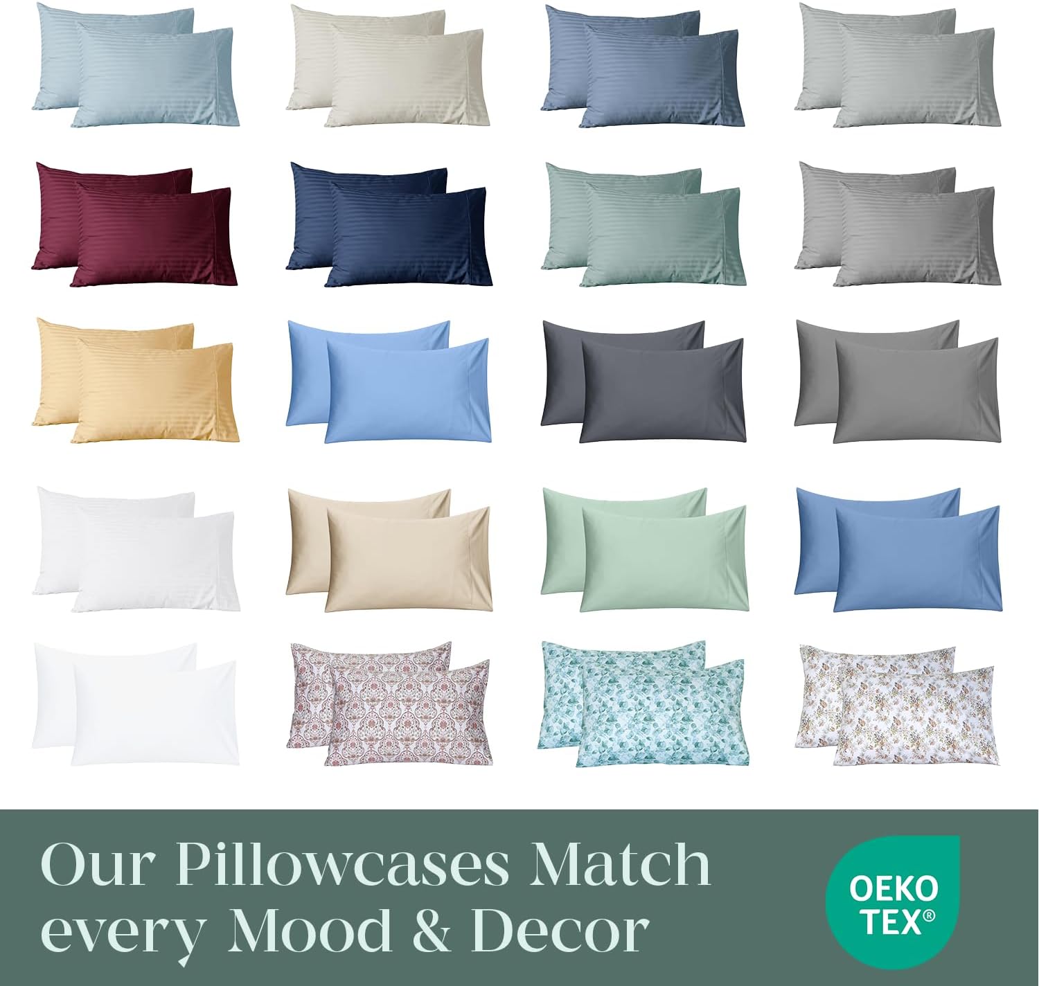 Featherstitchnewyork Feather & Stitch 100% Cotton Standard Pillow Covers Set of 2, 500TC Envelope Closure Pillowcases, Soft Luxury Damask S…