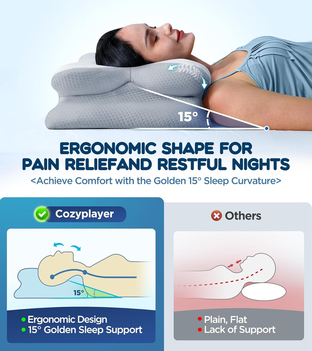 Cozyplayer Effective Cervical Neck Pillow for Sleeping, Ergonomic Cooling Side Sleeper Pillow for Neck Support, Odorless Contour Memory Foa…