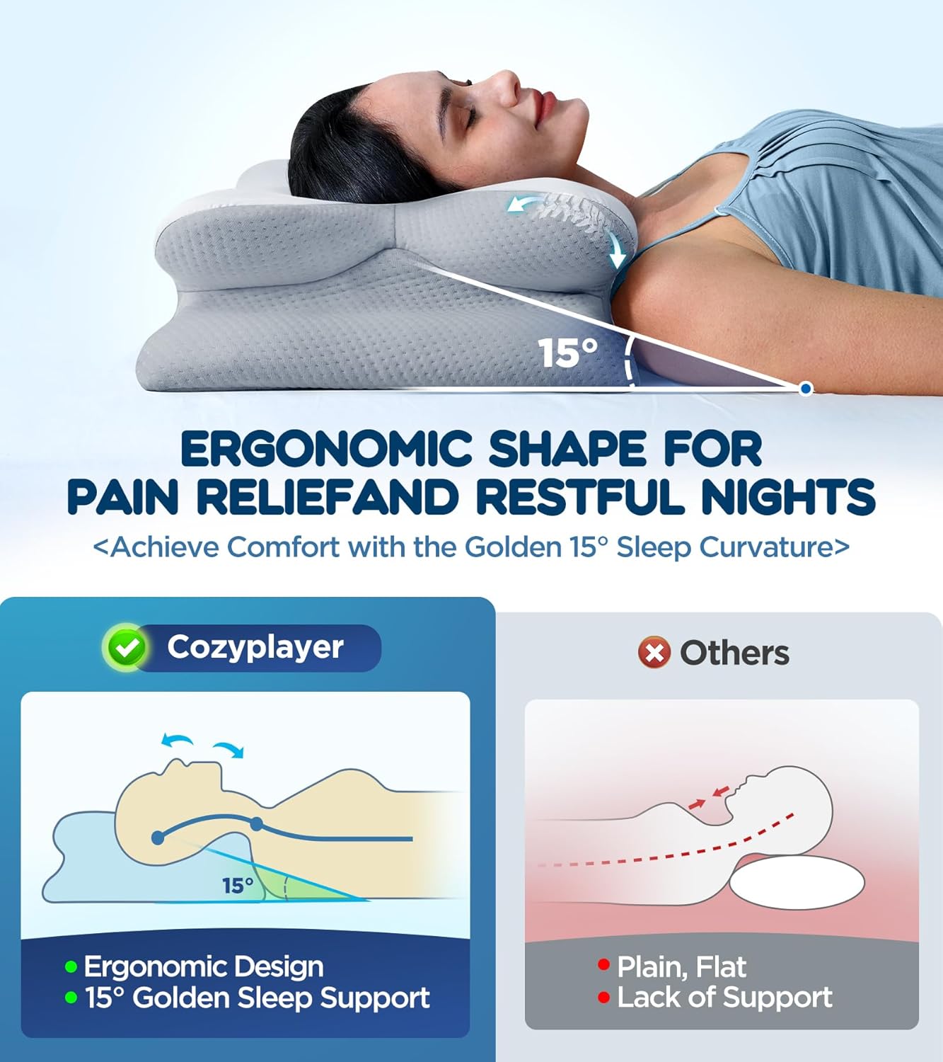 Cozyplayer Effective Cervical Neck Pillow for Sleeping, Ergonomic Cooling Side Sleeper Pillow for Neck Support, Odorless Contour Memory Foa…