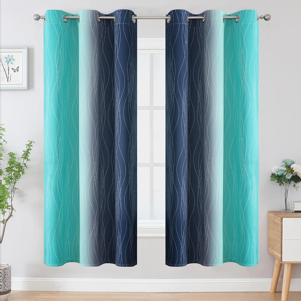 Estelartextiler Estelar Textiler Navy Blue and Teal Blackout Curtains for Living Room, Full Room Darkening Grommet Ombre Curtains for Bedro…