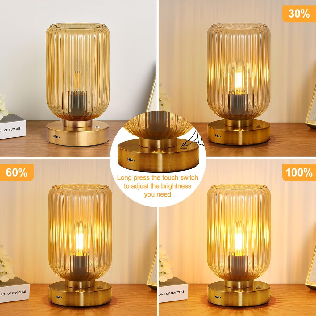 LightRound Table Lamp for Bedroom, Cordless Small Bedside Lamp, Touch Dimmable Rechargeable Lamp Battery Operated with Amber Glass Shades…