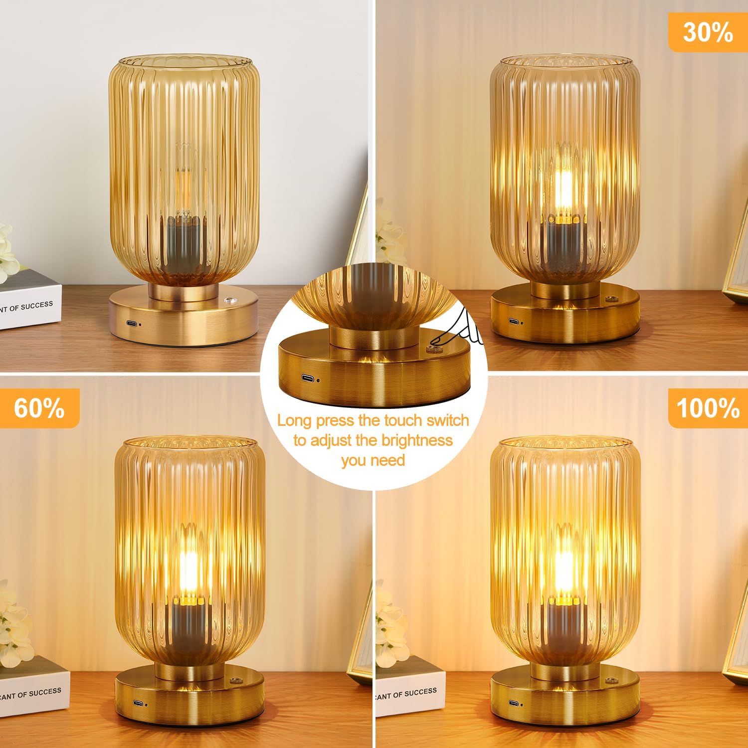 LightRound Table Lamp for Bedroom, Cordless Small Bedside Lamp, Touch Dimmable Rechargeable Lamp Battery Operated with Amber Glass Shades…