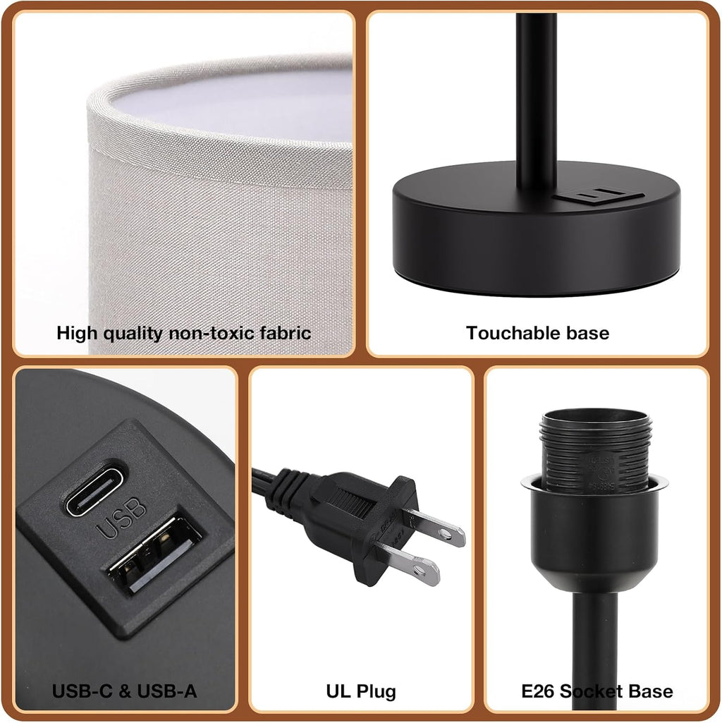 Dicoool Grey Touch Bedside Lamp with USB - 3 Way Dimmable Table Lamp for Bedroom, Nightstand Lamp with Black Charging Station for Desk…