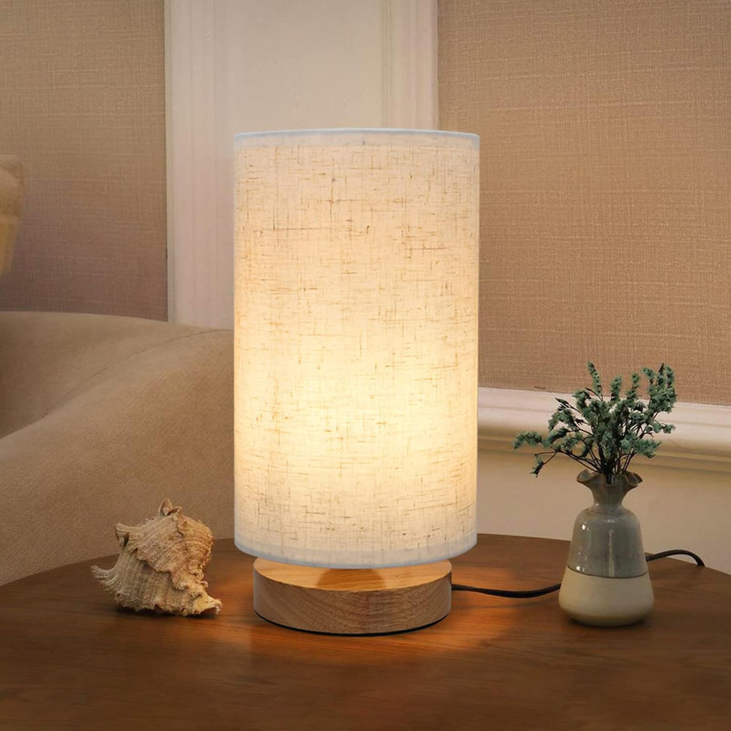 Small Bedside Night Table Lamp for Bedroom, Minimalist Nightstand Lamp with Round Fabric Linen Shade, Study Reading Desk Lamp for Kids…