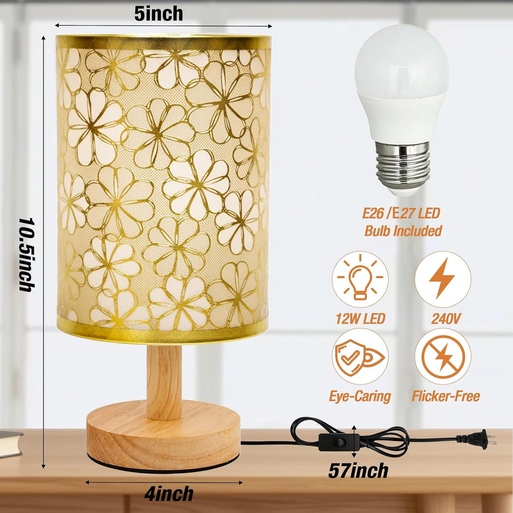 Desk Lamp LED Bulb Included, Small Bedside Table Lamp Plug-in - Classic Wood Base with Flaxen Fabric Shade, Lamps for Night Stands…