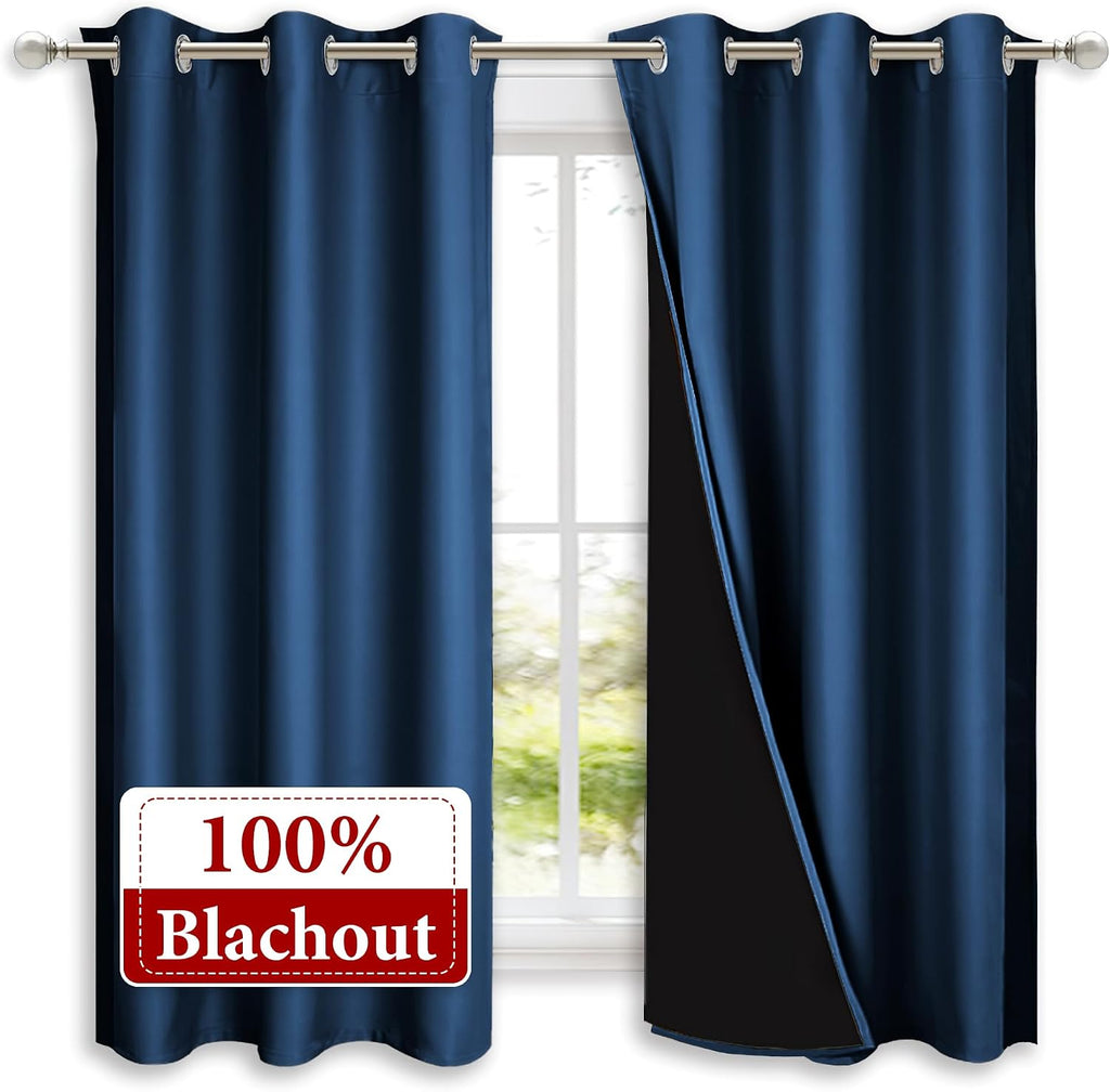 Nicetown 100% Blackout Curtains with Black Liners, Solid Thermal Insulated Full Blackout 2-Layer Lined Drapes, Energy Efficiency Window Dra…