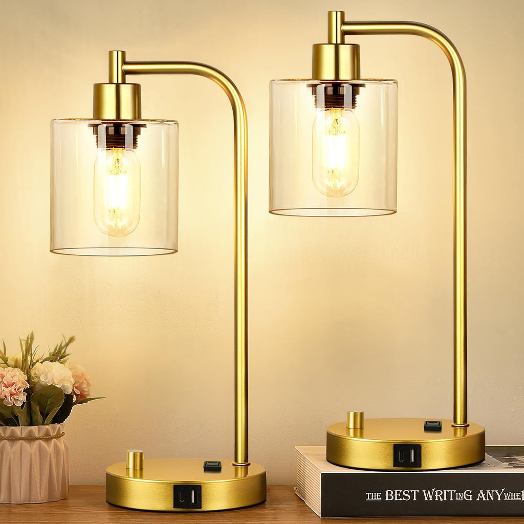 Lynnoland Set of 2 Industrial Table Lamps with USB Port, Gold Fully Stepless Dimmable Bedside Lamps for bedrooms, Nightstand Desk Lamp…