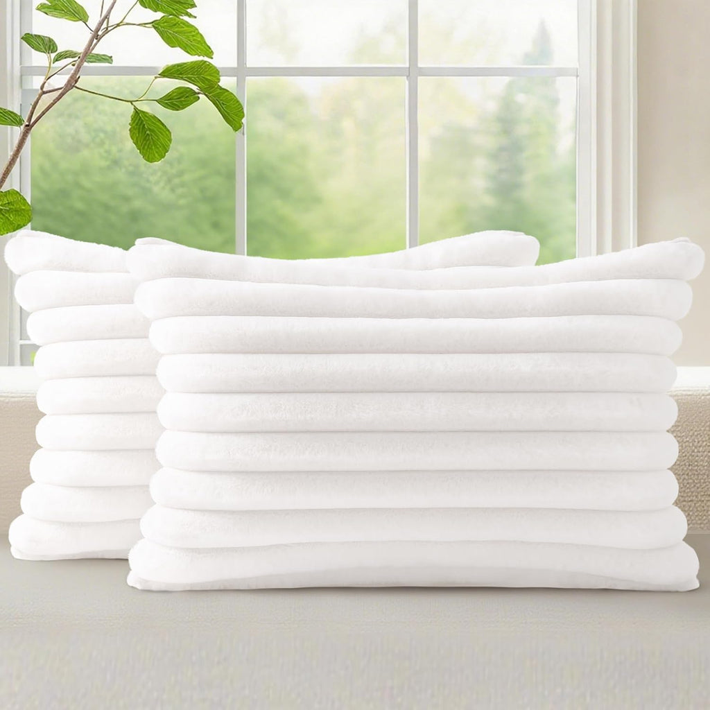 decorUhome Summer Cozy Faux Fur Throw Pillow Covers 12x20 Set of 2 Decorative Soft Plush Striped Lumbar Modern Farmhouse Boho Couch Pillow…